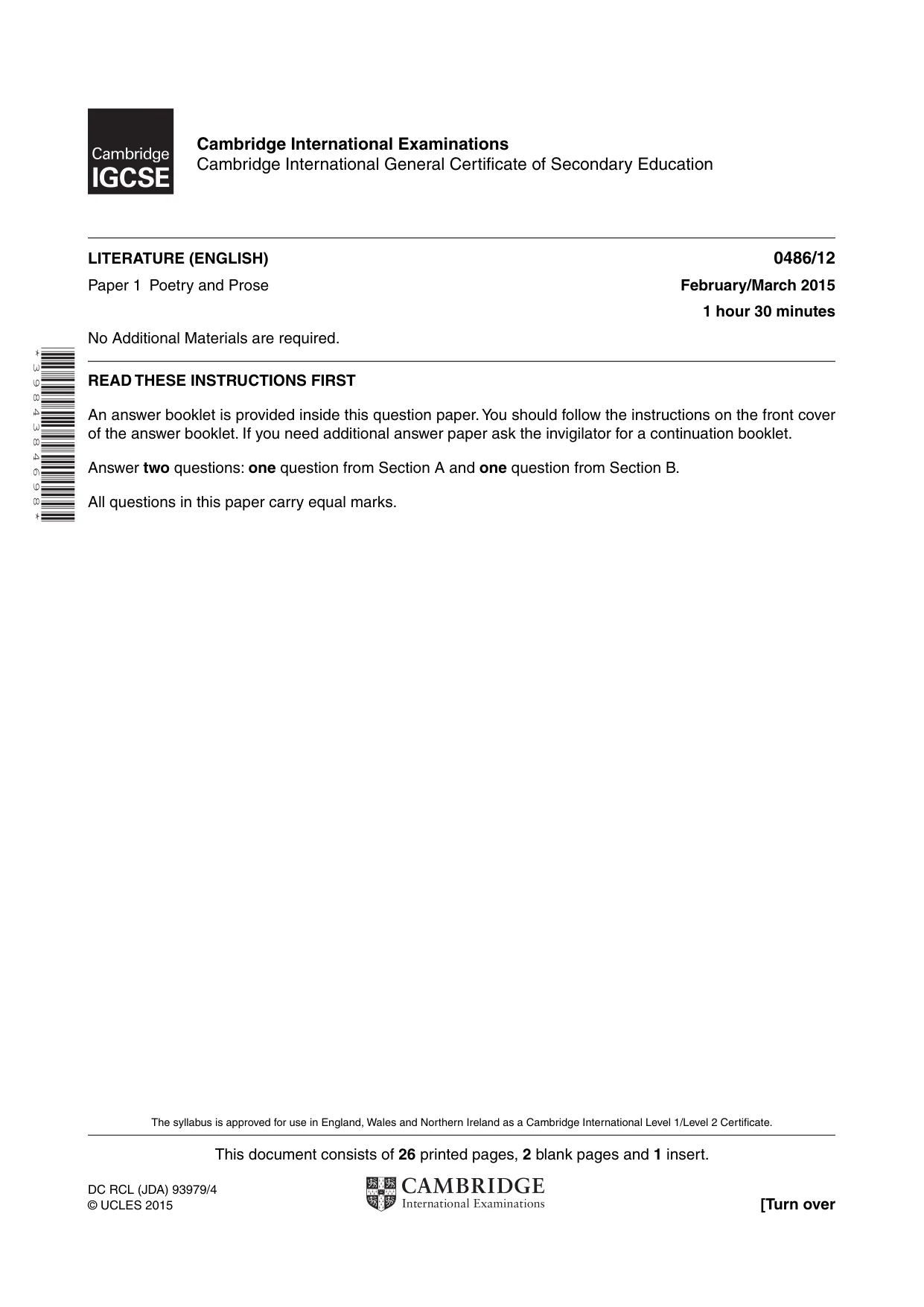 Cambridge IGCSE English - Literature 0486 2015 Feb/March Paper 1 · Variant 2 question paper, page 1 of 28