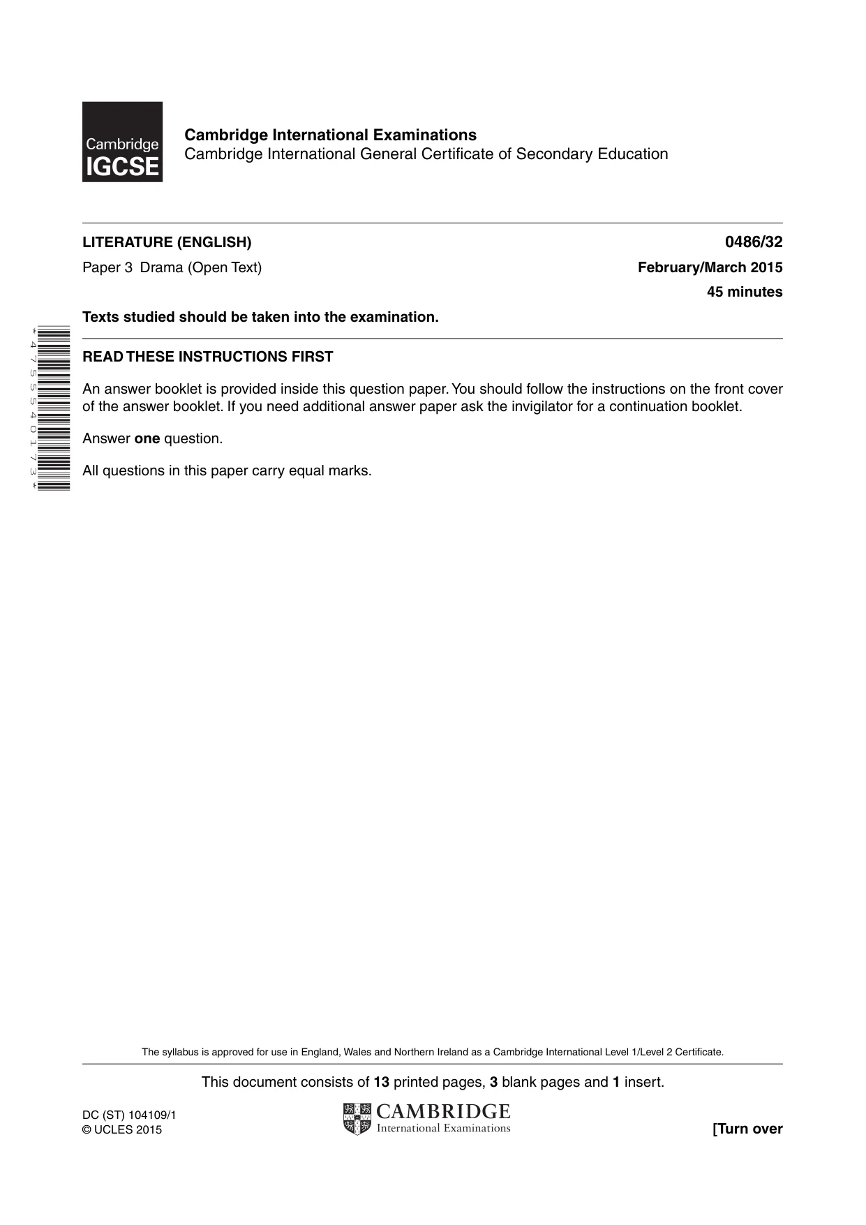Cambridge IGCSE English - Literature 0486 2015 Feb/March Paper 3 · Variant 2 question paper, page 1 of 16