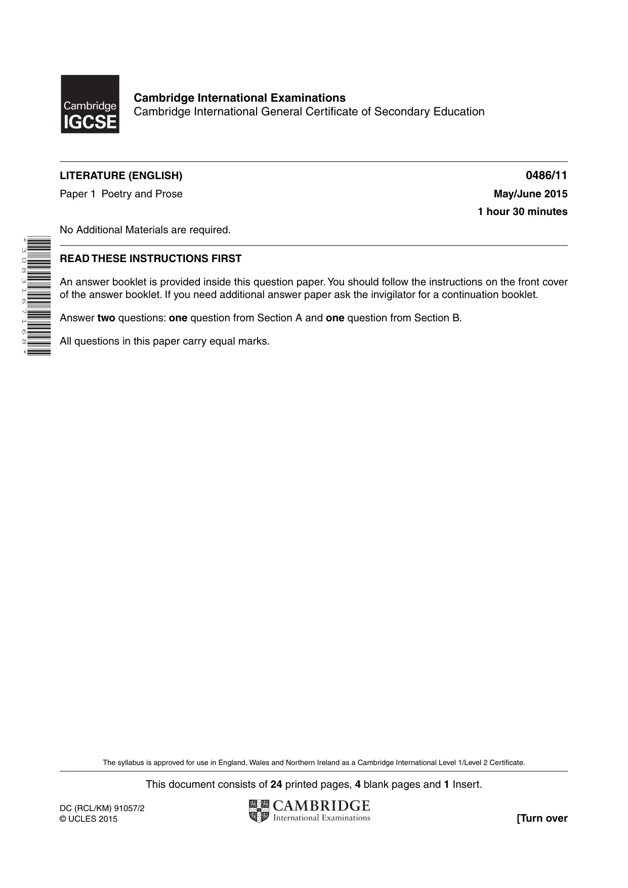 Cambridge IGCSE English - Literature 0486 2015 May/June Paper 1 · Variant 1 question paper, page 1 of 28