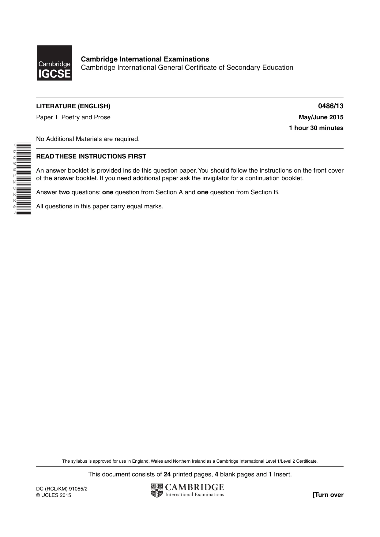 Cambridge IGCSE English - Literature 0486 2015 May/June Paper 1 · Variant 3 question paper, page 1 of 28