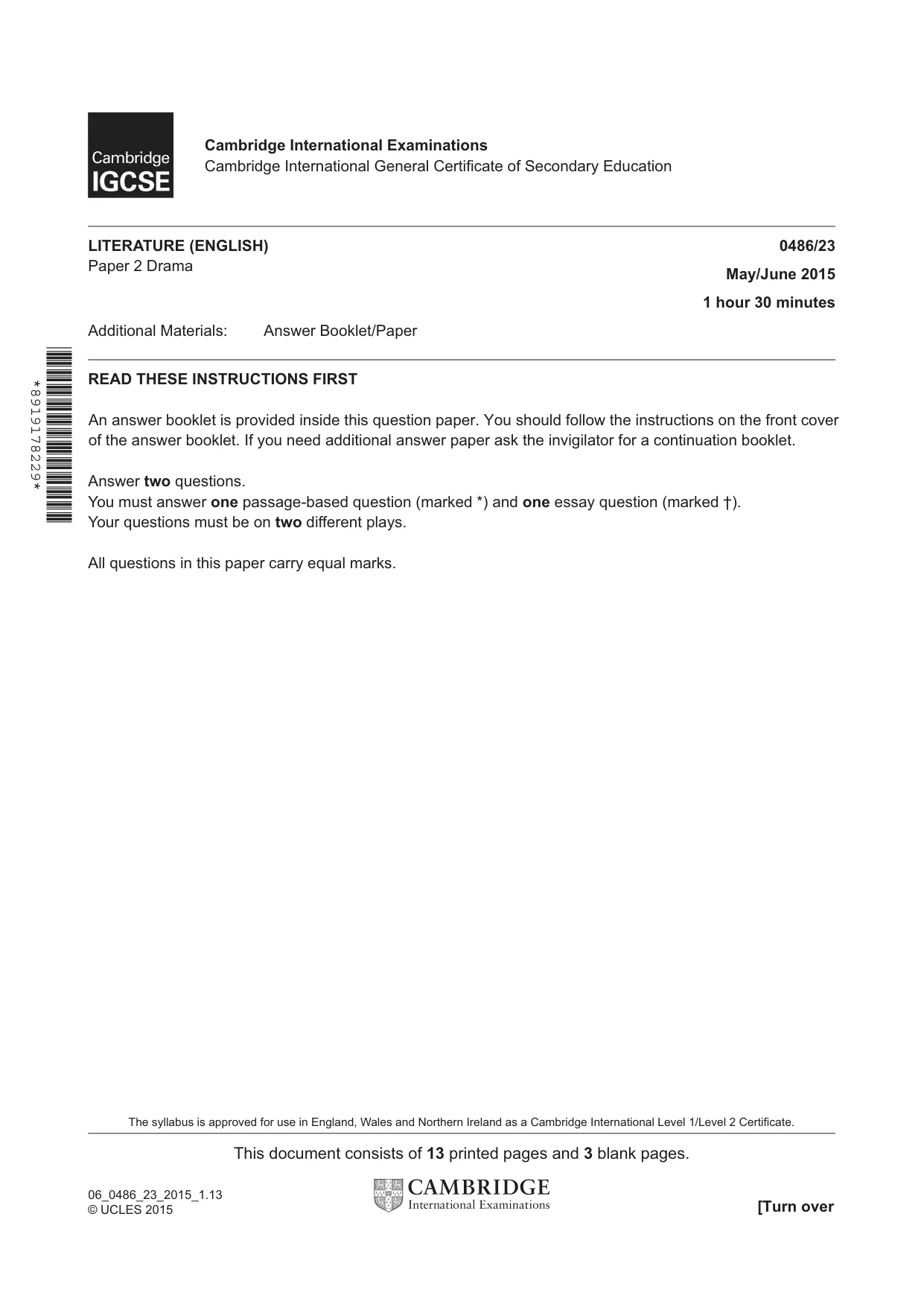 Cambridge IGCSE English - Literature 0486 2015 May/June Paper 2 · Variant 3 question paper, page 1 of 16