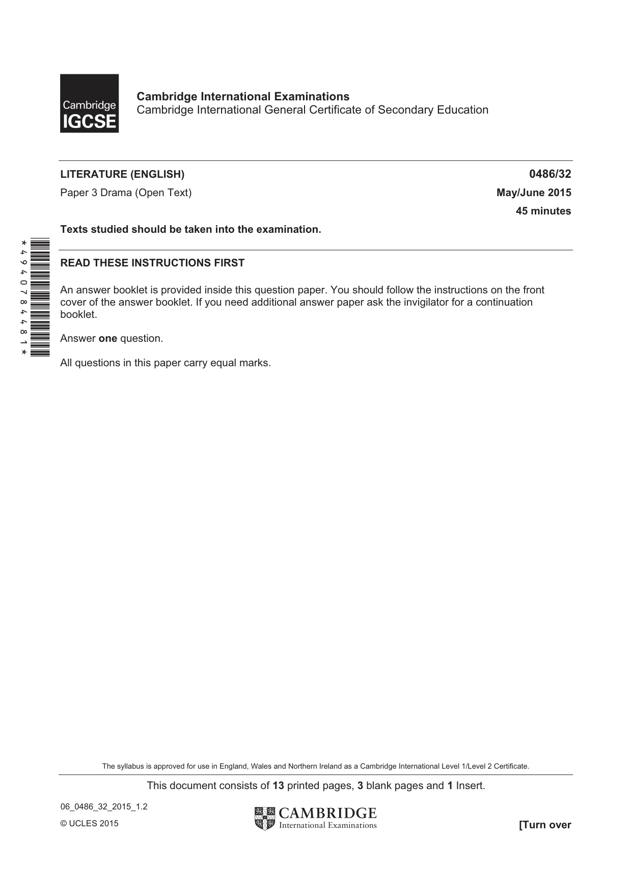 Cambridge IGCSE English - Literature 0486 2015 May/June Paper 3 · Variant 2 question paper, page 1 of 16