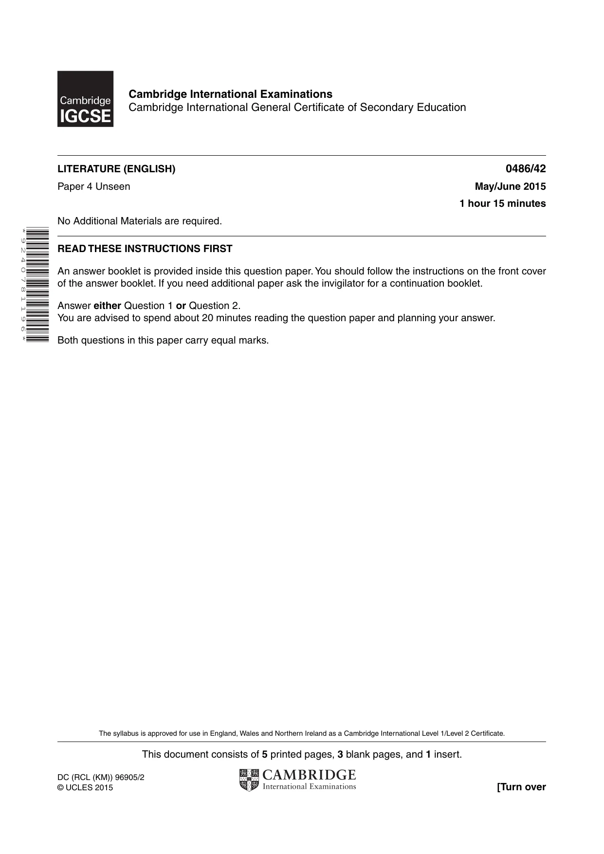 Cambridge IGCSE English - Literature 0486 2015 May/June Paper 4 · Variant 2 question paper, page 1 of 8