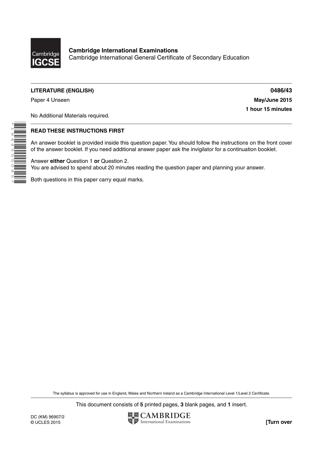 Cambridge IGCSE English - Literature 0486 2015 May/June Paper 4 · Variant 3 question paper, page 1 of 8