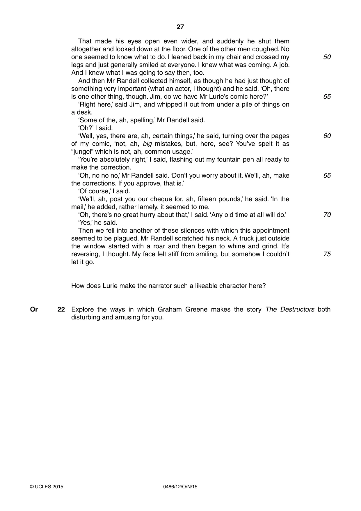 Cambridge IGCSE English - Literature 0486 2015 Oct/Nov Paper 1 · Variant 2 question paper, page 27 of 28
