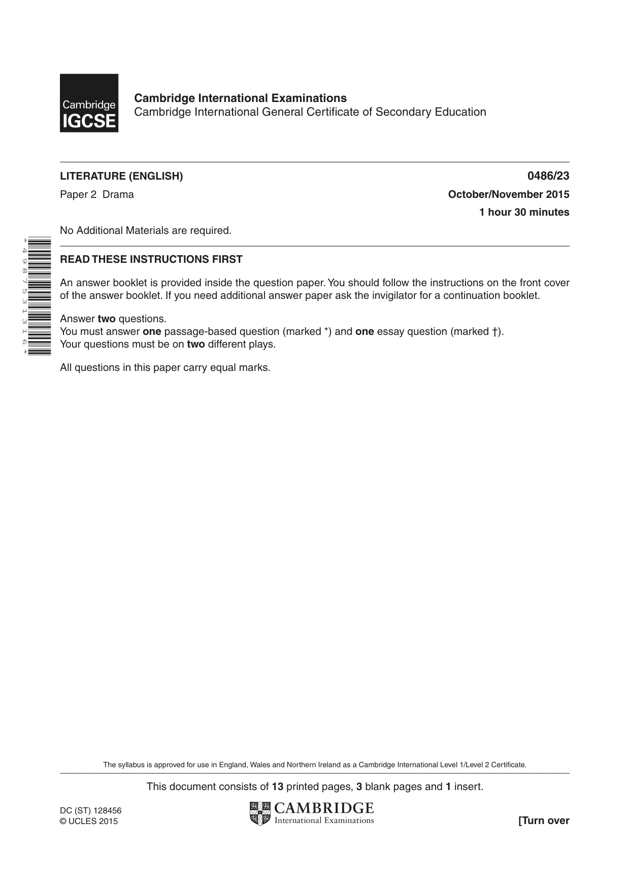 Cambridge IGCSE English - Literature 0486 2015 Oct/Nov Paper 2 · Variant 3 question paper, page 1 of 16
