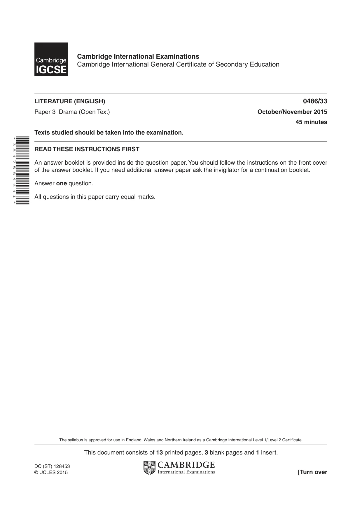 Cambridge IGCSE English - Literature 0486 2015 Oct/Nov Paper 3 · Variant 3 question paper, page 1 of 16