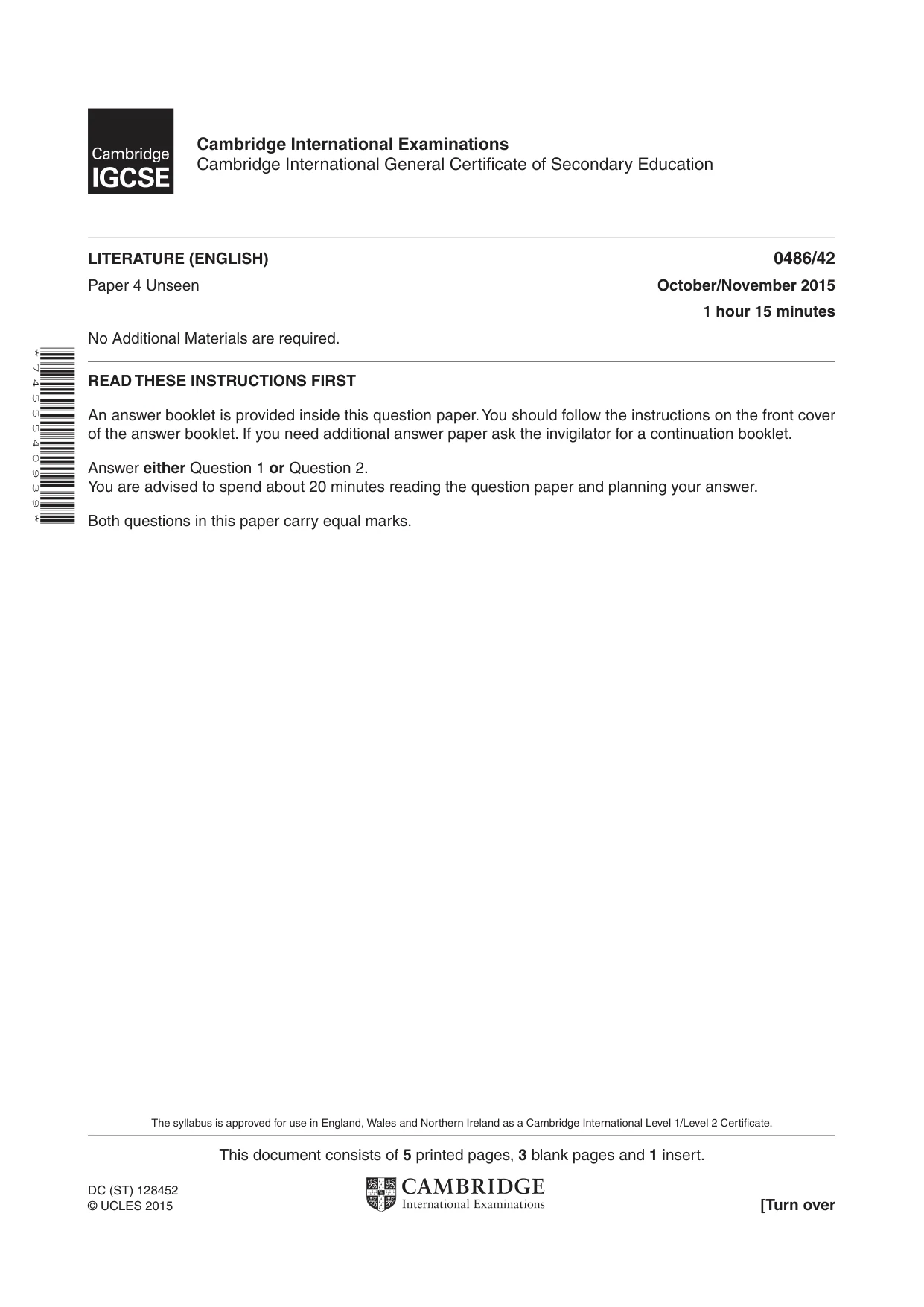 Cambridge IGCSE English - Literature 0486 2015 Oct/Nov Paper 4 · Variant 2 question paper, page 1 of 8