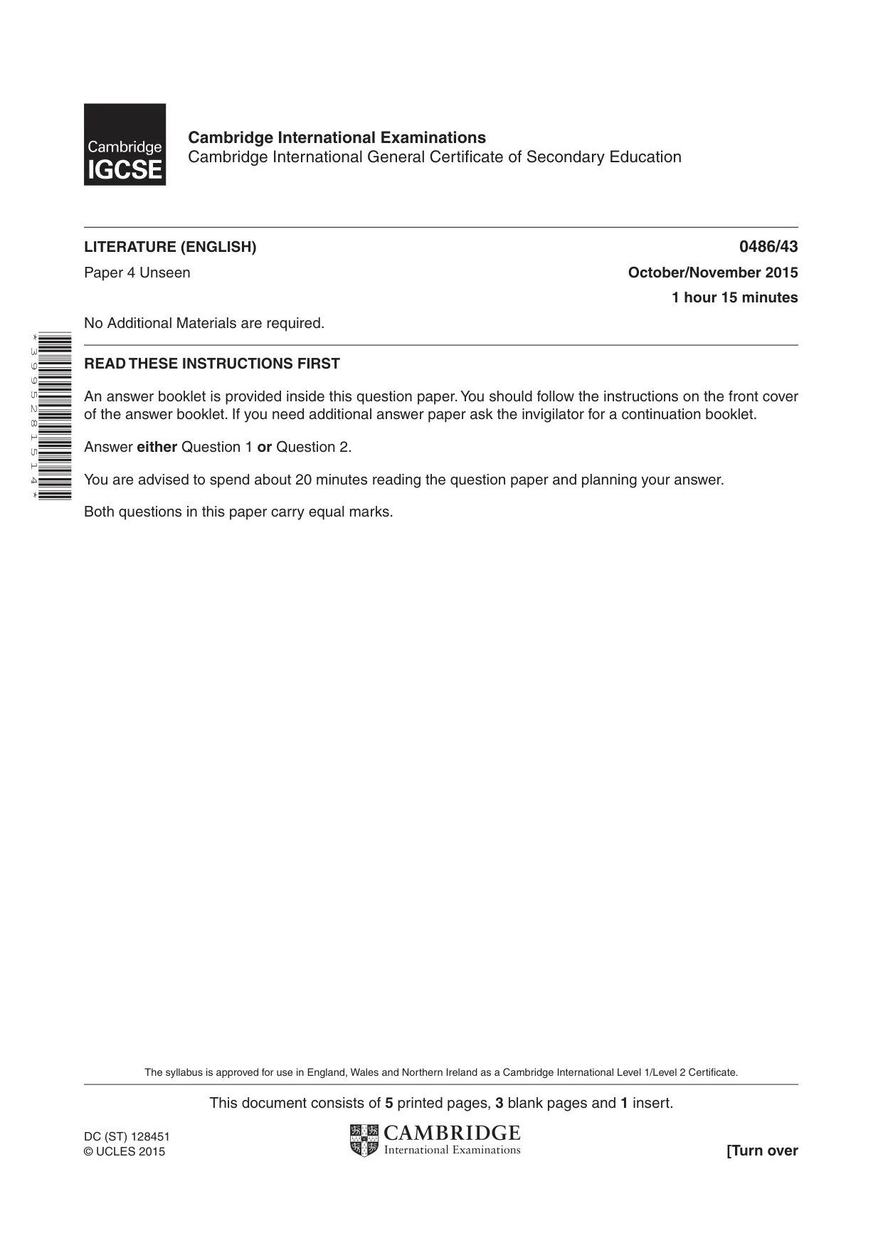 Cambridge IGCSE English - Literature 0486 2015 Oct/Nov Paper 4 · Variant 3 question paper, page 1 of 8