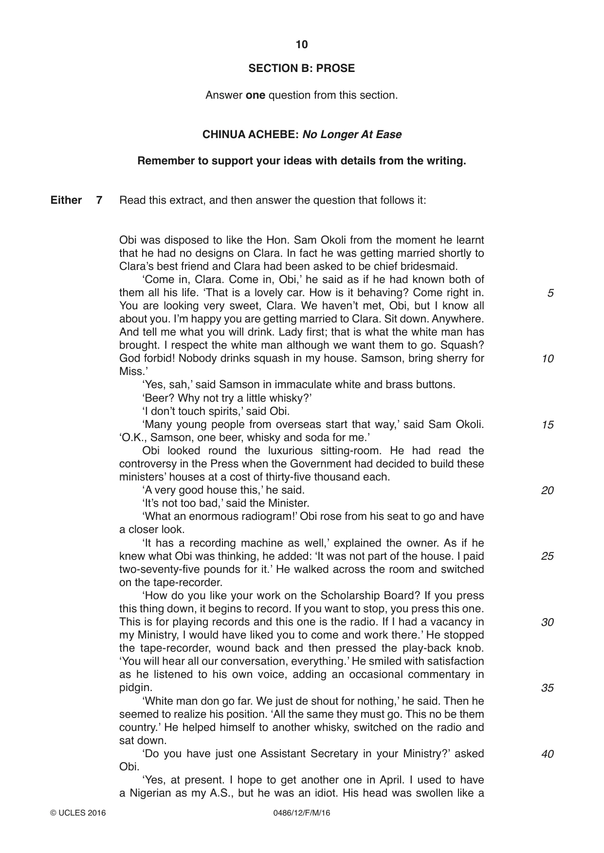 Cambridge IGCSE English - Literature 0486 2016 Feb/March Paper 1 · Variant 2 question paper, page 10 of 28