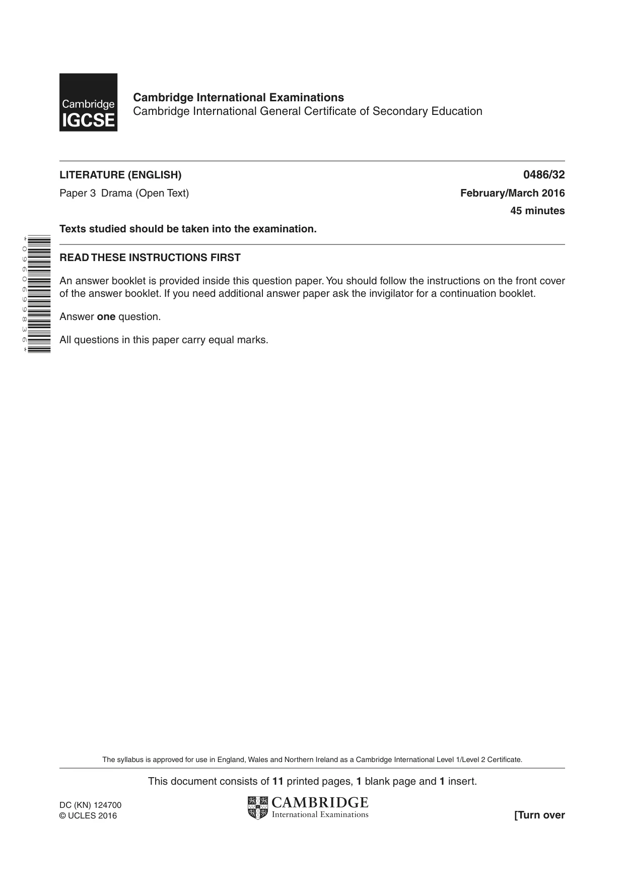 Cambridge IGCSE English - Literature 0486 2016 Feb/March Paper 3 · Variant 2 question paper, page 1 of 12