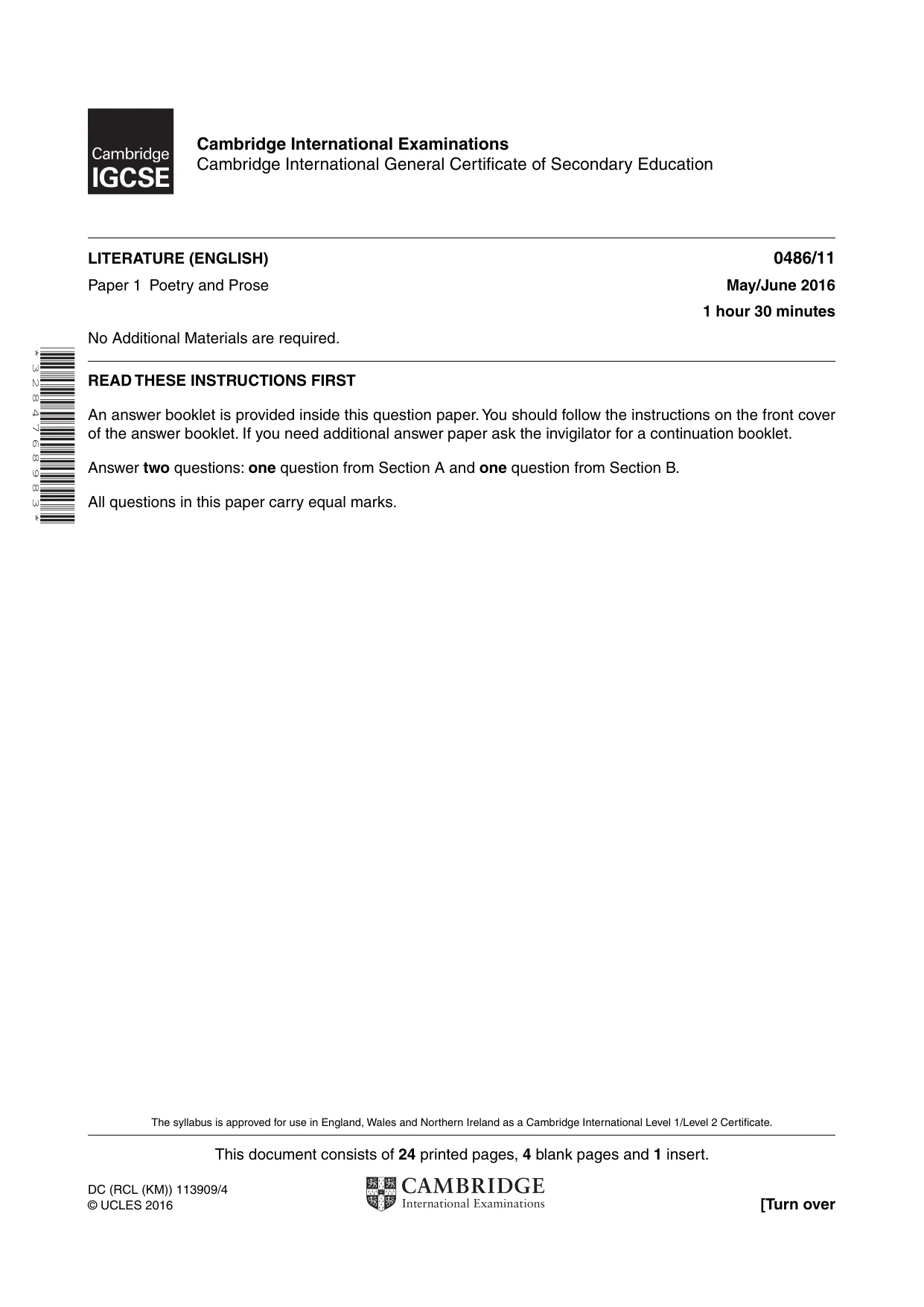 Cambridge IGCSE English - Literature 0486 2016 May/June Paper 1 · Variant 1 question paper, page 1 of 28