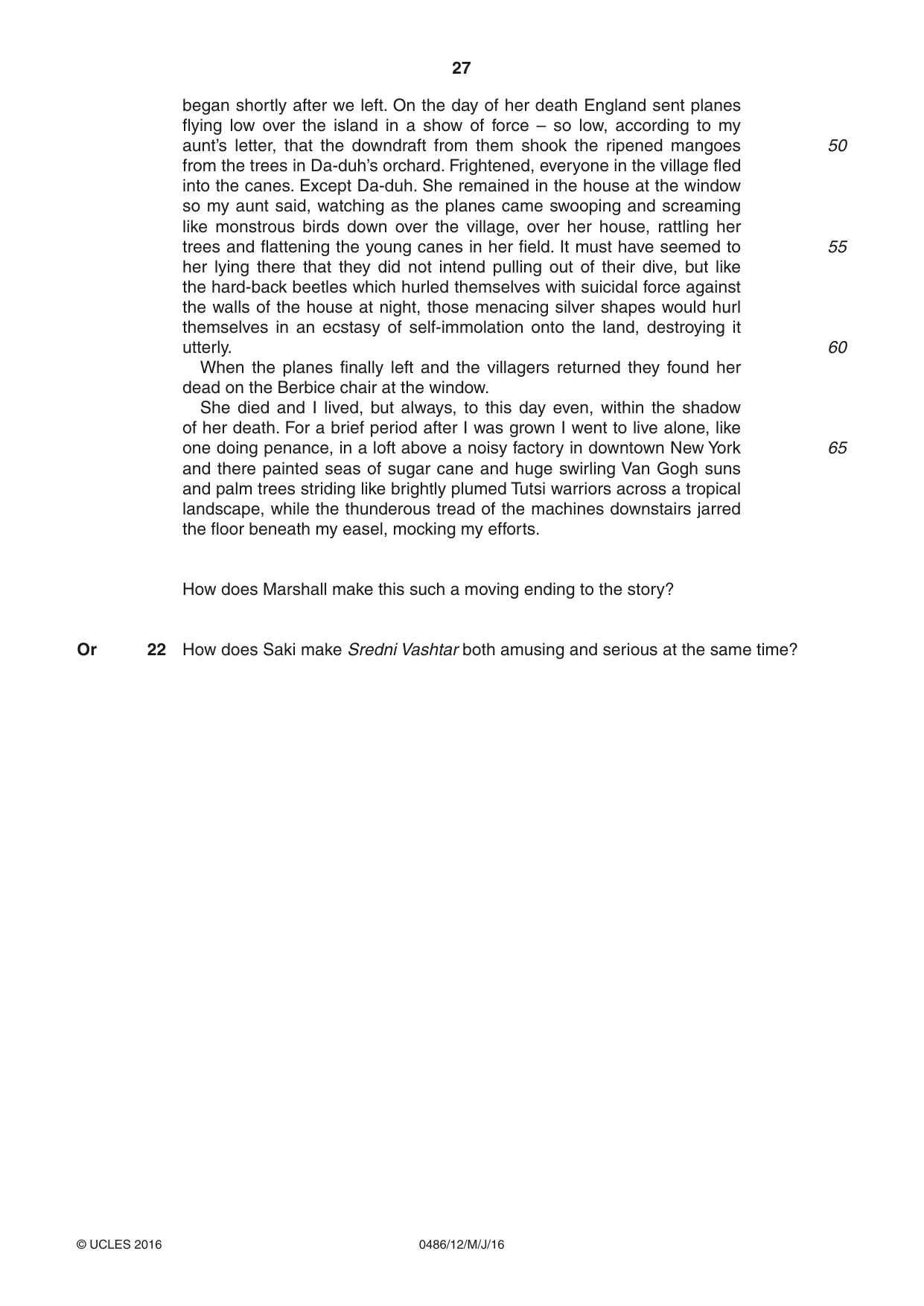 Cambridge IGCSE English - Literature 0486 2016 May/June Paper 1 · Variant 2 question paper, page 27 of 28