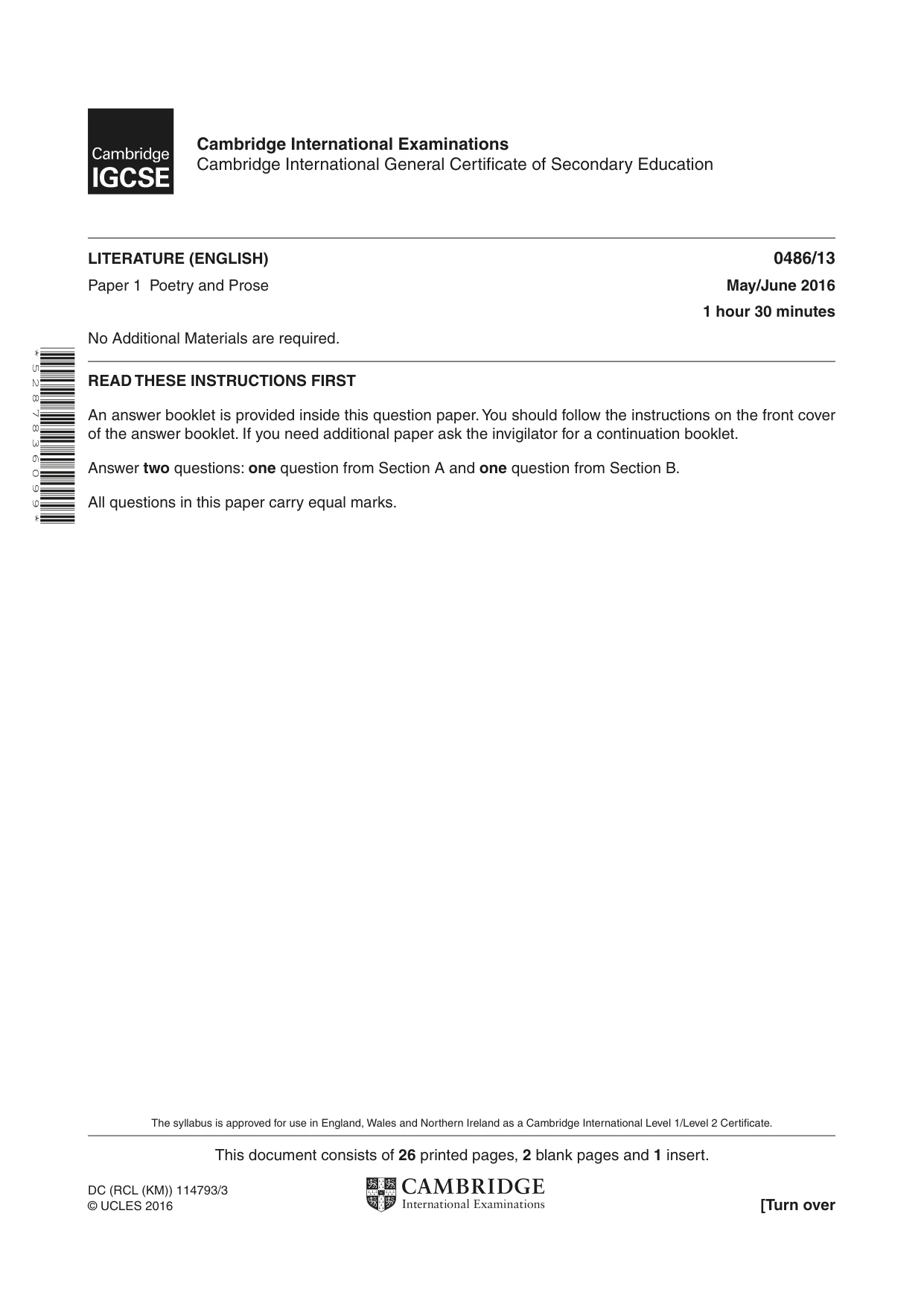 Cambridge IGCSE English - Literature 0486 2016 May/June Paper 1 · Variant 3 question paper, page 1 of 28