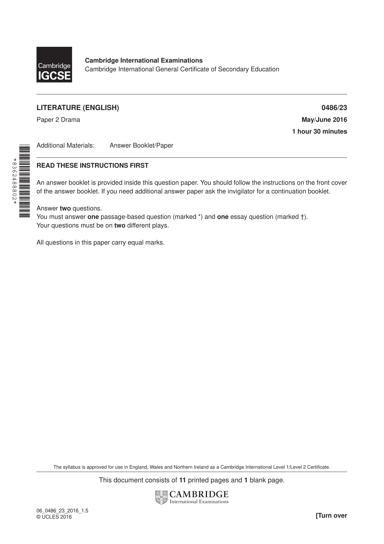 Cambridge IGCSE English - Literature 0486 2016 May/June Paper 2 · Variant 3 question paper, page 1 of 12