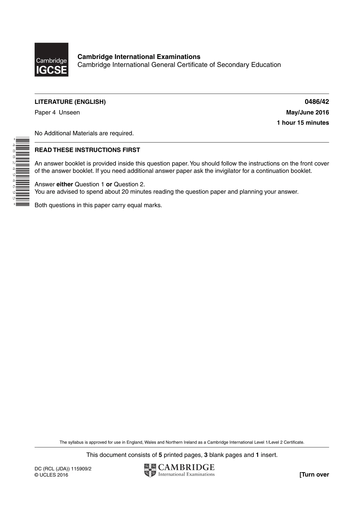Cambridge IGCSE English - Literature 0486 2016 May/June Paper 4 · Variant 2 question paper, page 1 of 8