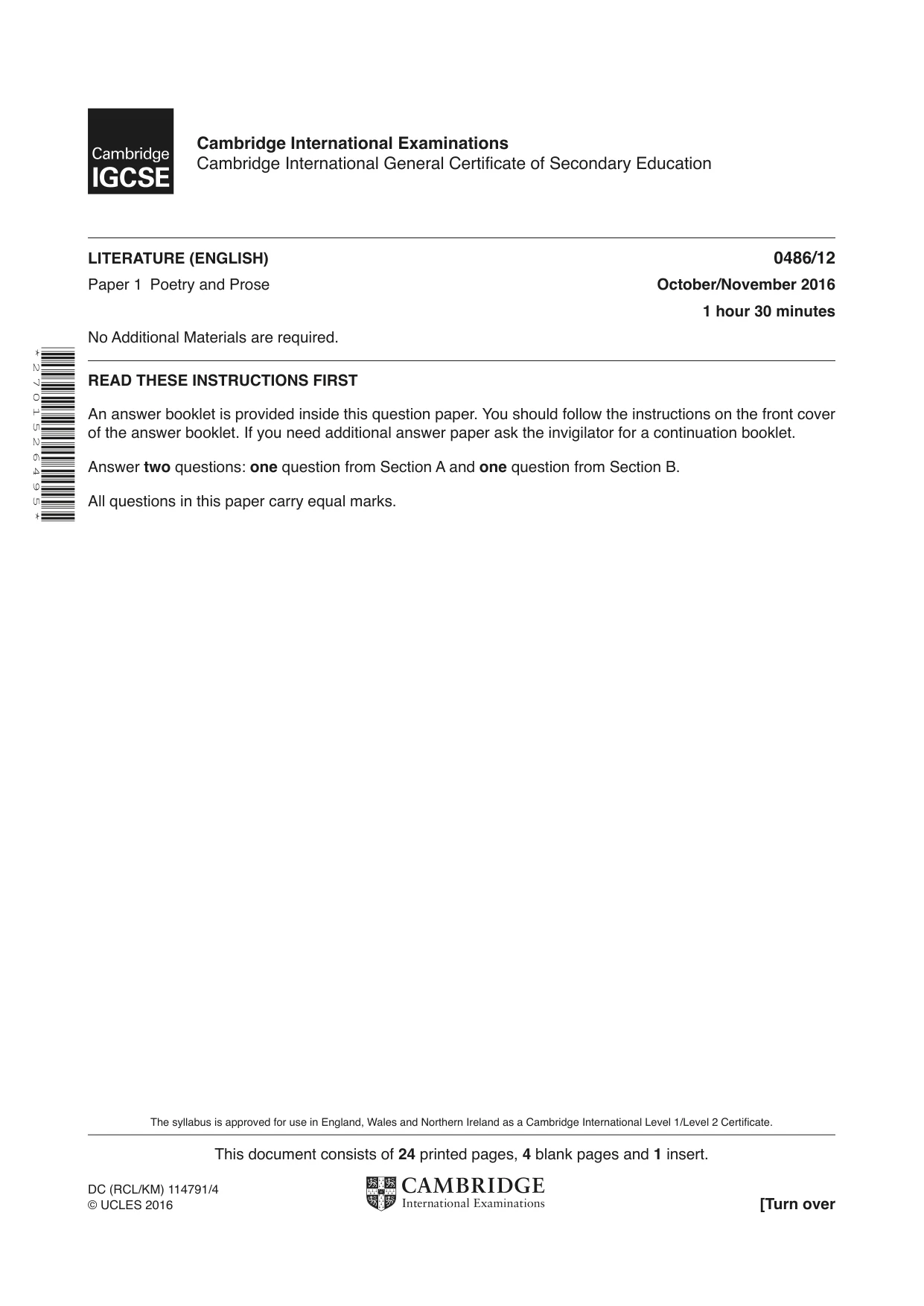 Cambridge IGCSE English - Literature 0486 2016 Oct/Nov Paper 1 · Variant 2 question paper, page 1 of 28