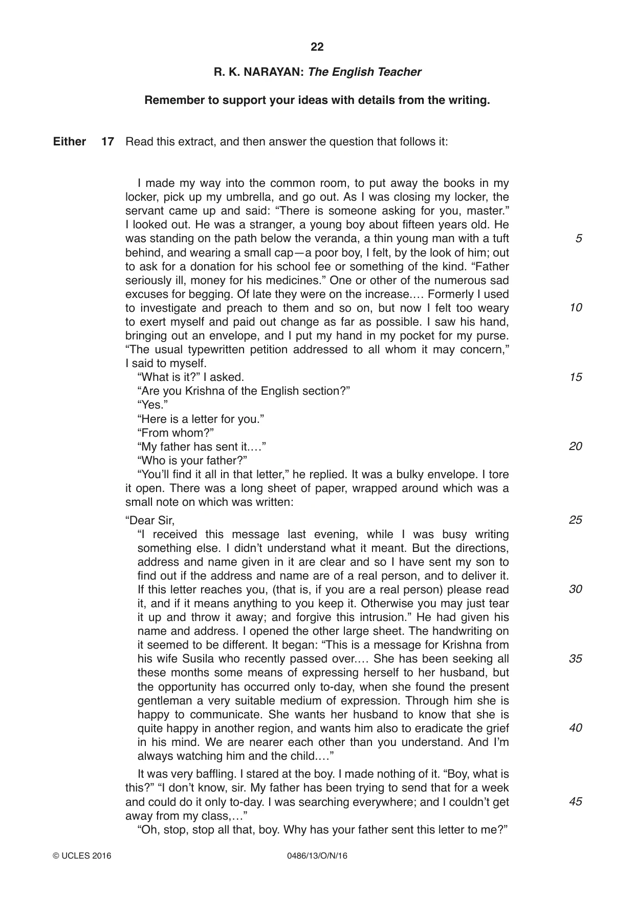 Cambridge IGCSE English - Literature 0486 2016 Oct/Nov Paper 1 · Variant 3 question paper, page 22 of 28