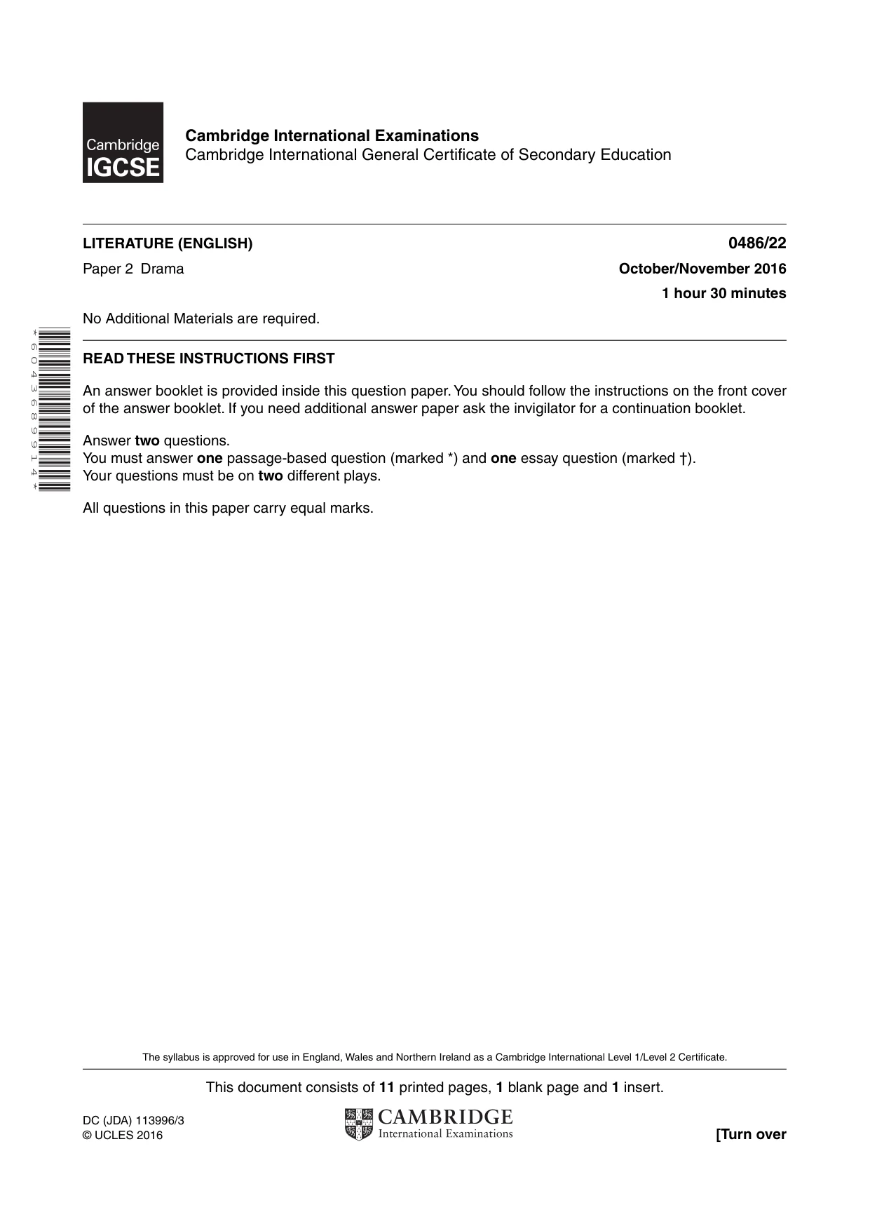 Cambridge IGCSE English - Literature 0486 2016 Oct/Nov Paper 2 · Variant 2 question paper, page 1 of 12