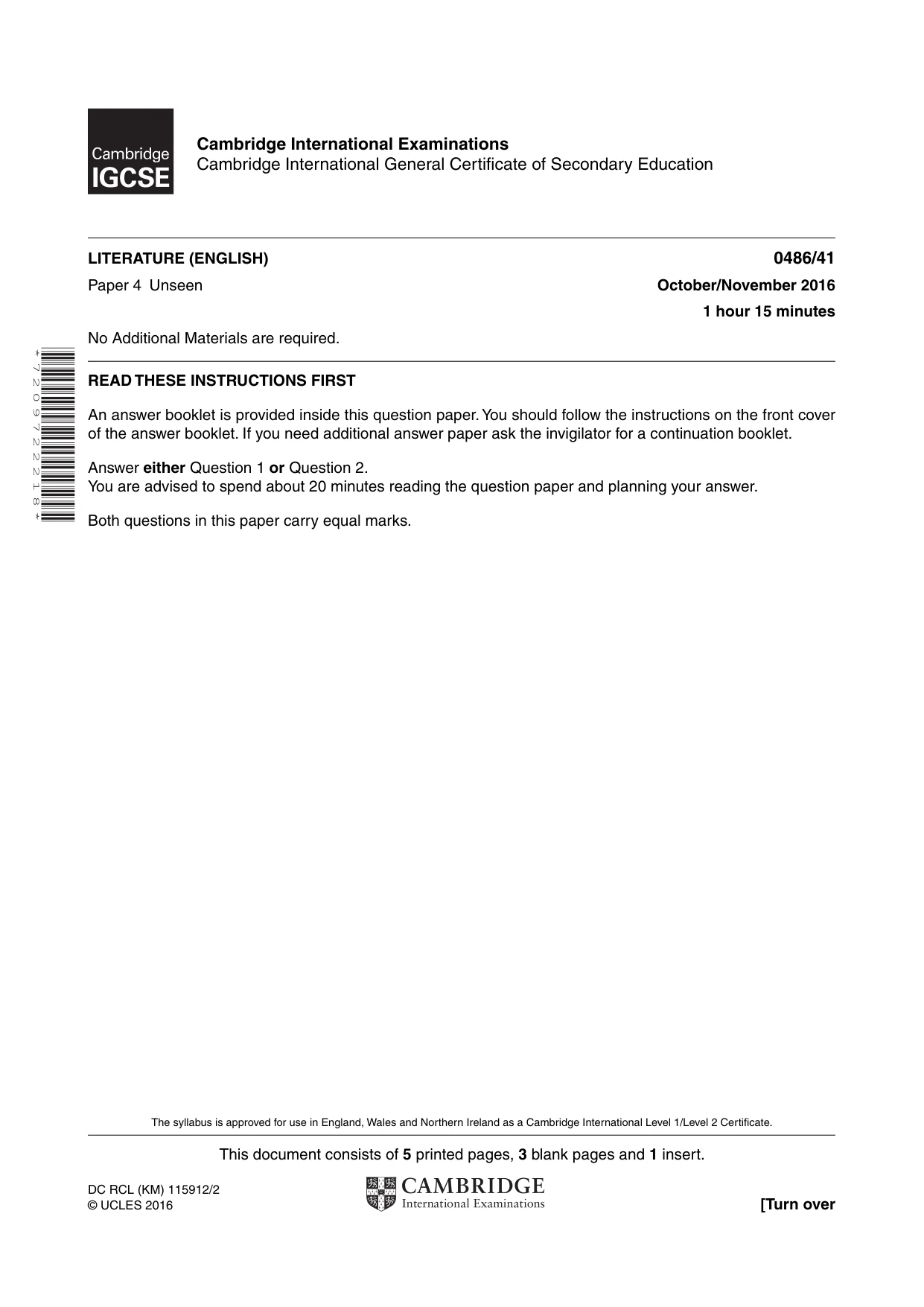 Cambridge IGCSE English - Literature 0486 2016 Oct/Nov Paper 4 · Variant 1 question paper, page 1 of 8