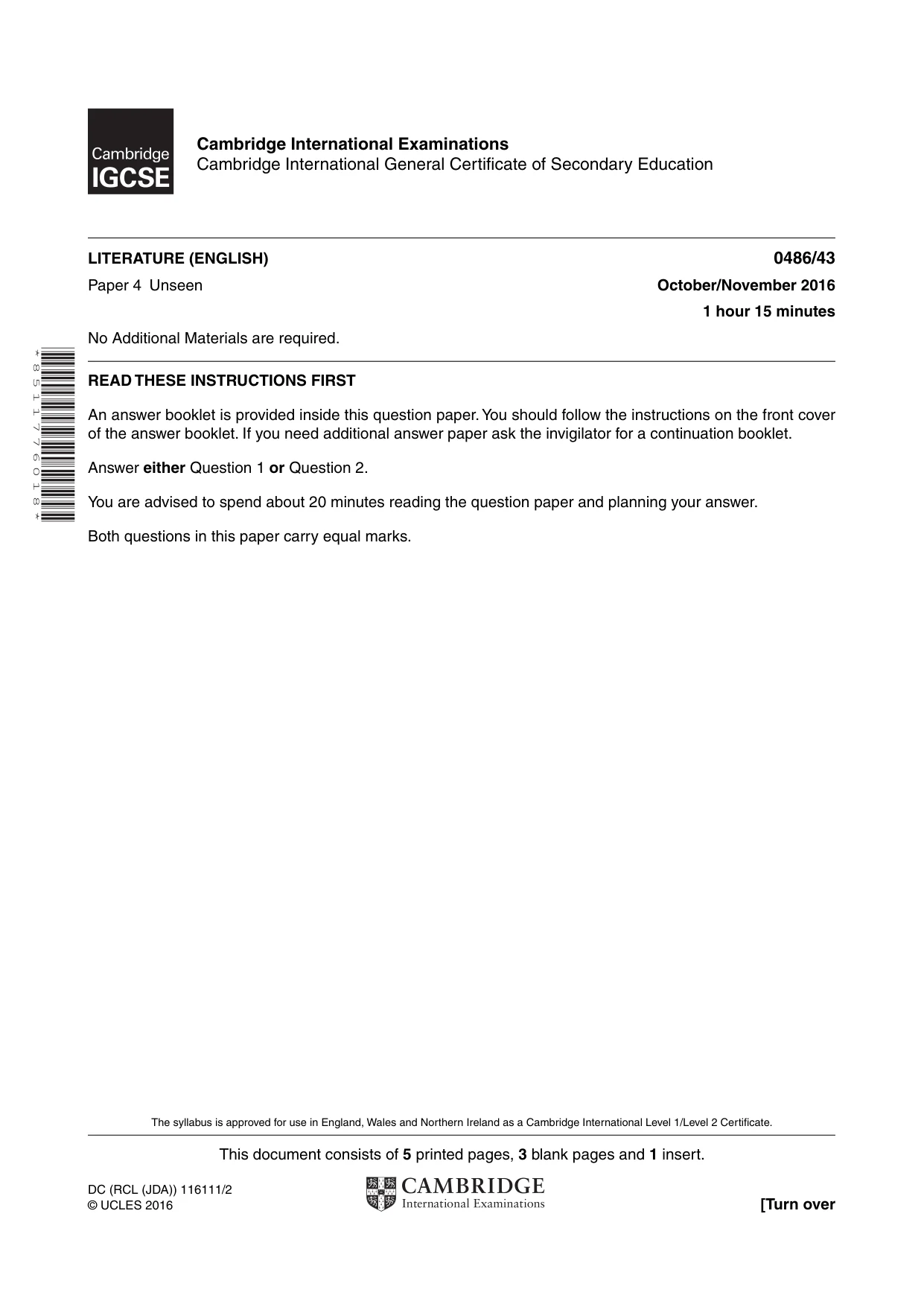 Cambridge IGCSE English - Literature 0486 2016 Oct/Nov Paper 4 · Variant 3 question paper, page 1 of 8