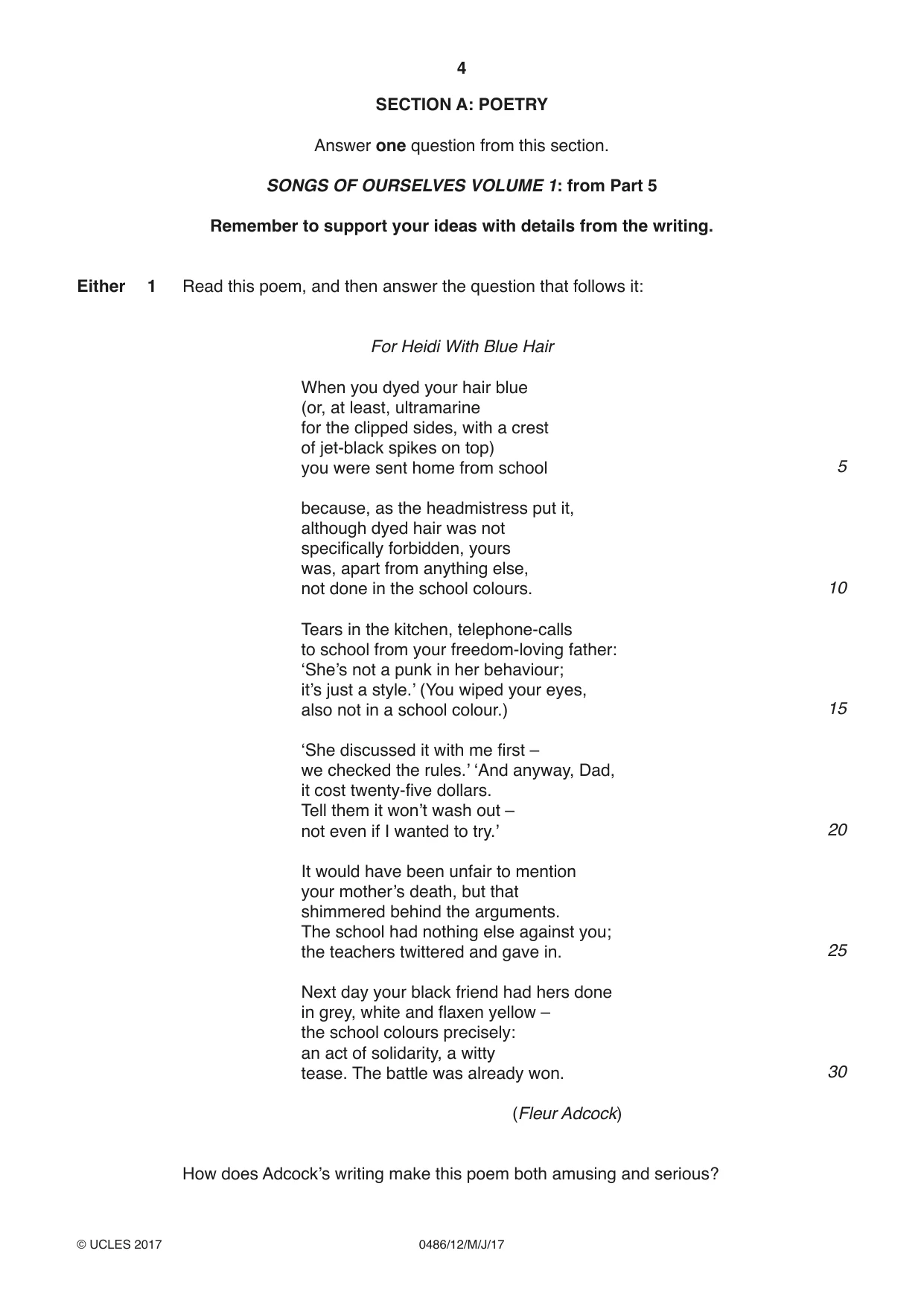 Cambridge IGCSE English - Literature 0486 2017 May/June Paper 1 · Variant 2 question paper, page 4 of 28