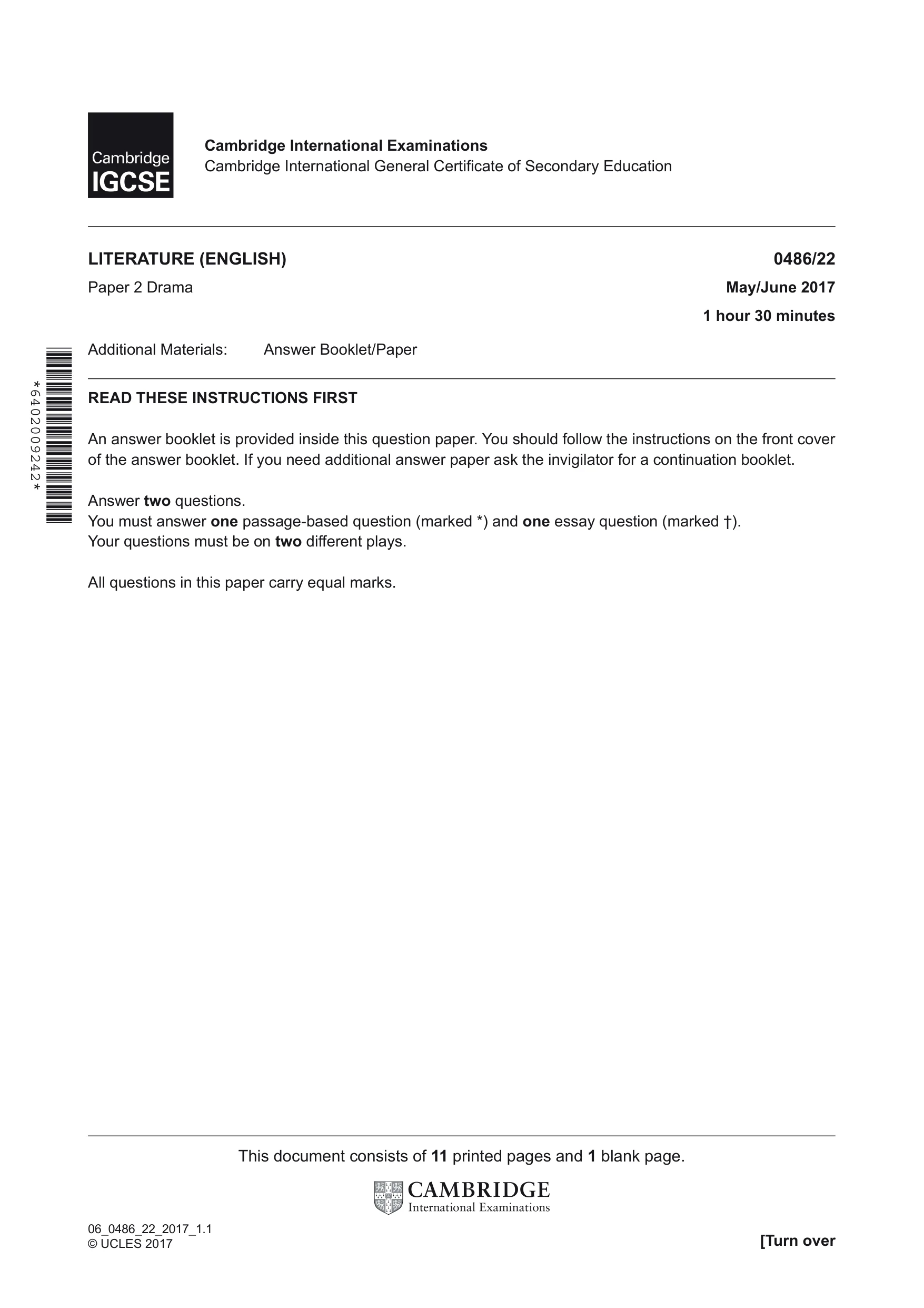 Cambridge IGCSE English - Literature 0486 2017 May/June Paper 2 · Variant 2 question paper, page 1 of 12