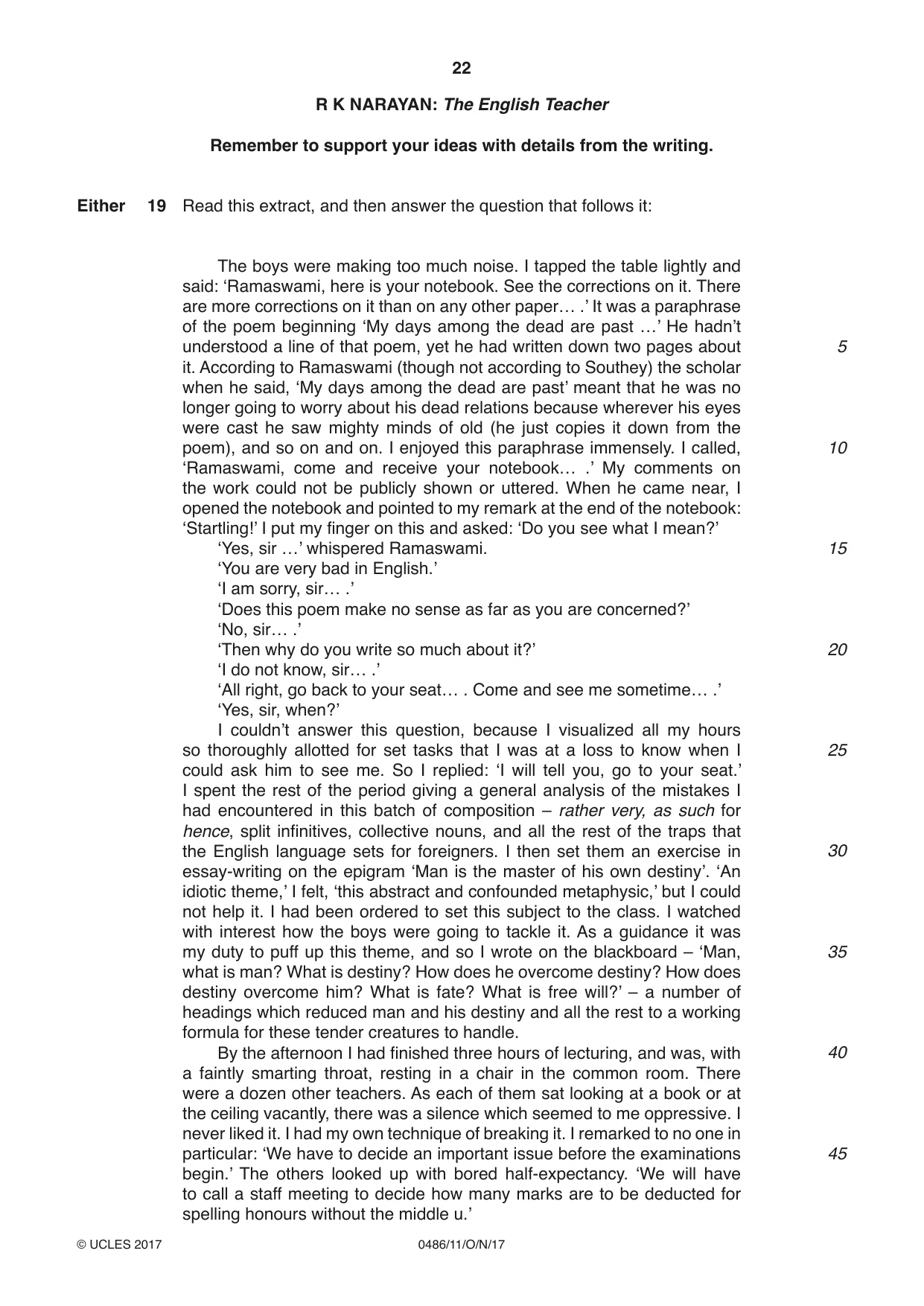 Cambridge IGCSE English - Literature 0486 2017 Oct/Nov Paper 1 · Variant 1 question paper, page 22 of 28