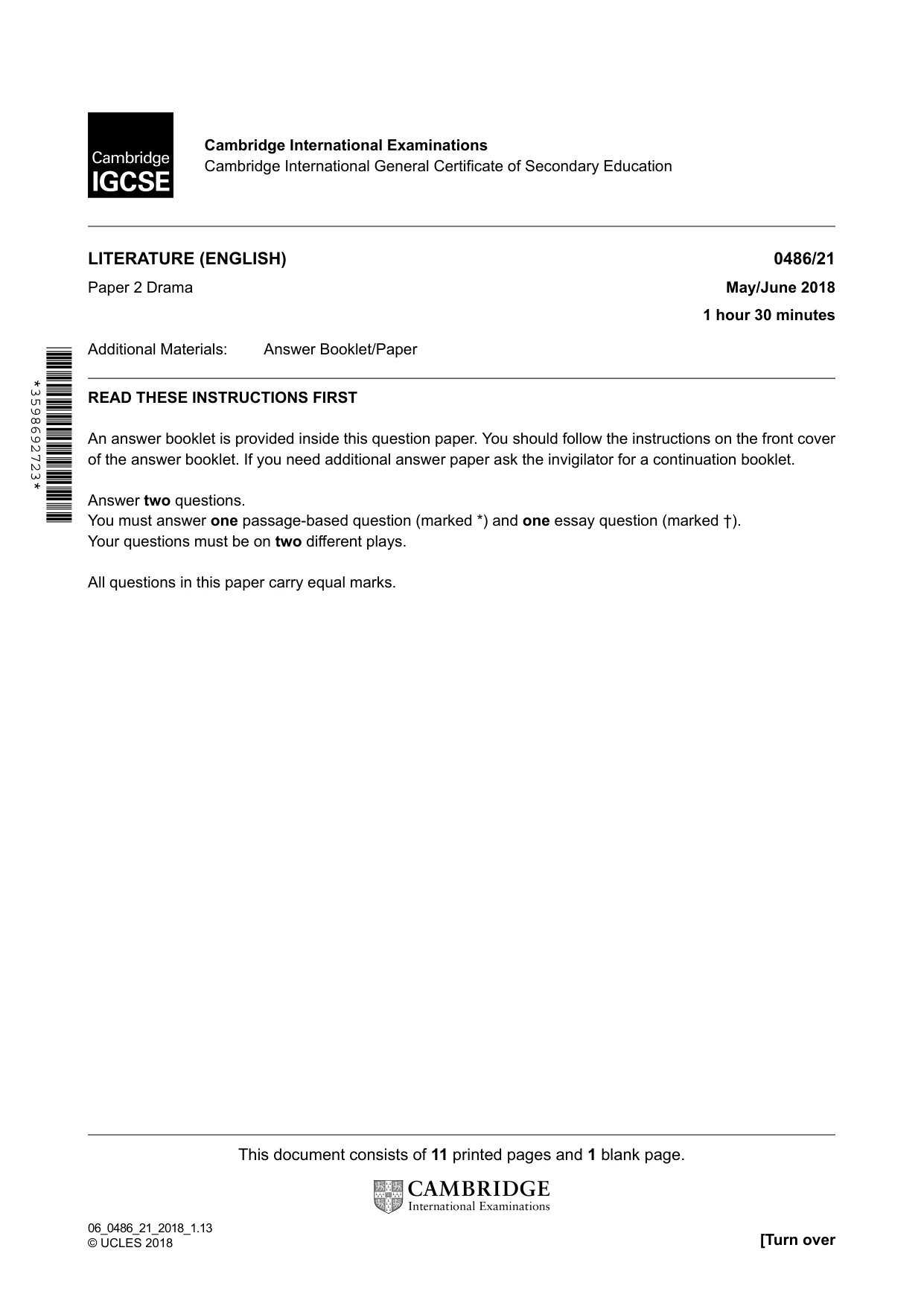 Cambridge IGCSE English - Literature 0486 2018 May/June Paper 2 · Variant 1 question paper, page 1 of 12