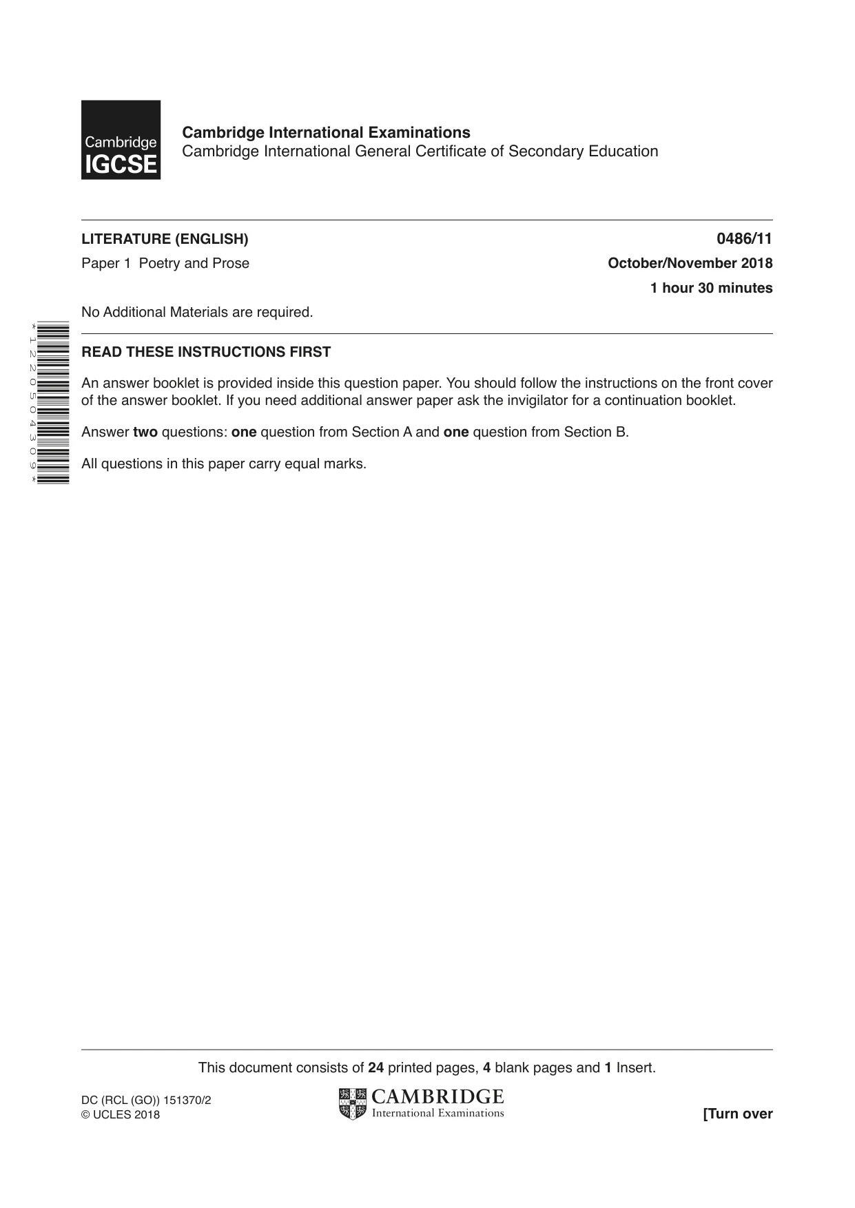Cambridge IGCSE English - Literature 0486 2018 Oct/Nov Paper 1 · Variant 1 question paper, page 1 of 28