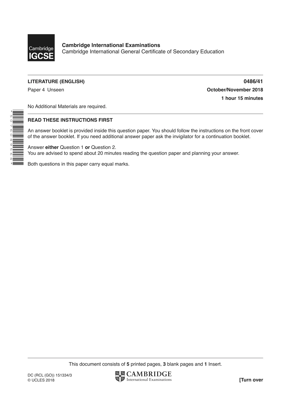 Cambridge IGCSE English - Literature 0486 2018 Oct/Nov Paper 4 · Variant 1 question paper, page 1 of 8
