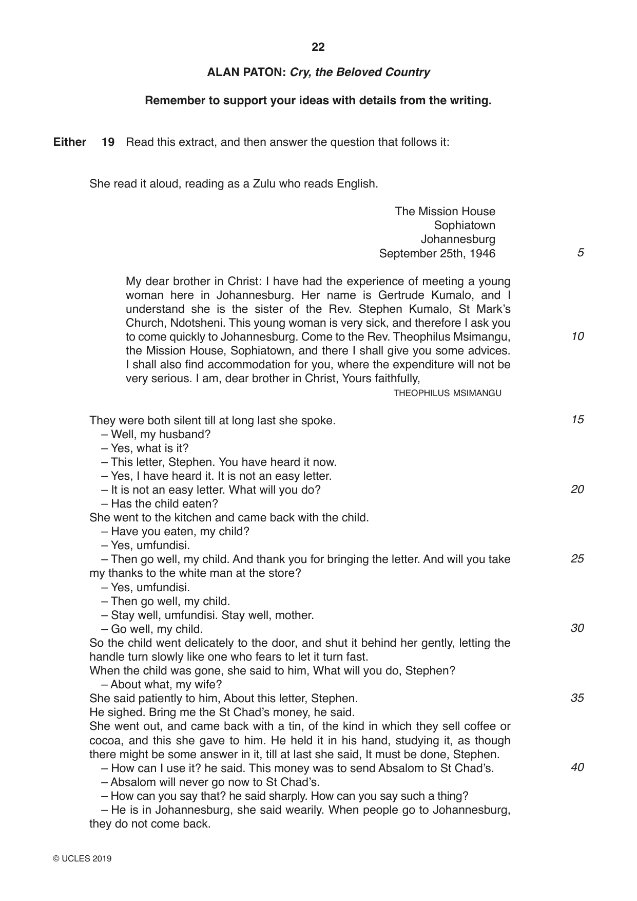 Cambridge IGCSE English - Literature 0486 2019 Feb/March Paper 1 · Variant 2 question paper, page 22 of 28