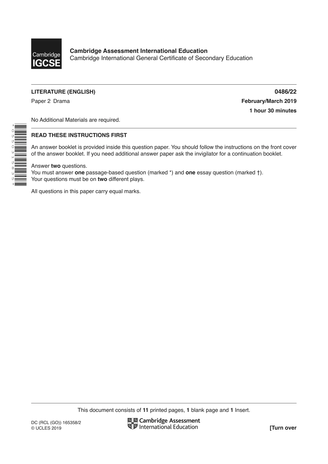 Cambridge IGCSE English - Literature 0486 2019 Feb/March Paper 2 · Variant 2 question paper, page 1 of 12