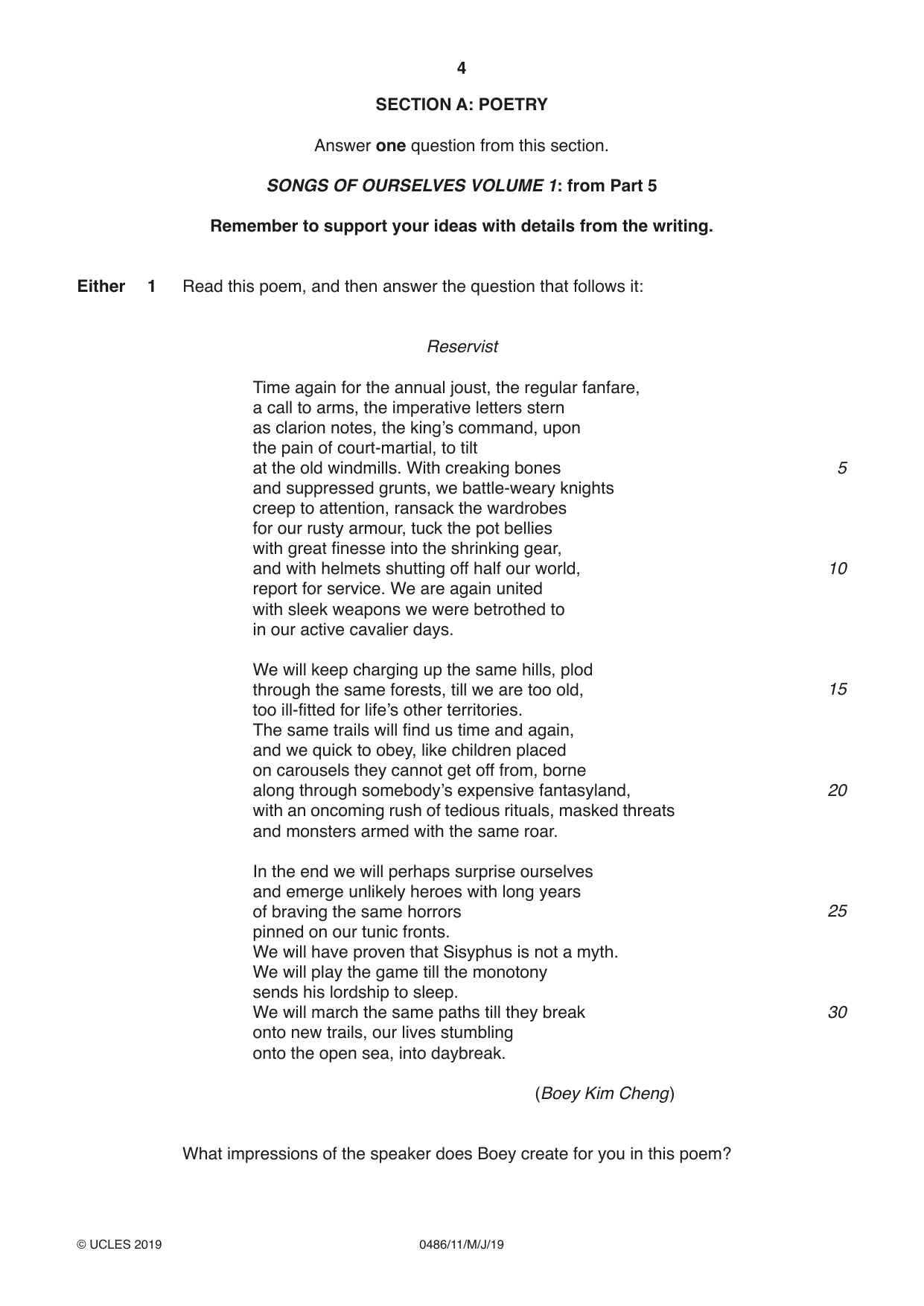 Cambridge IGCSE English - Literature 0486 2019 May/June Paper 1 · Variant 1 question paper, page 4 of 28