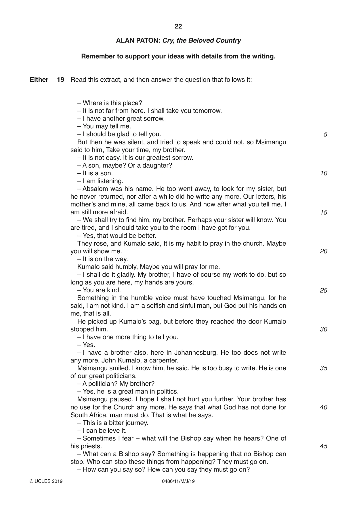 Cambridge IGCSE English - Literature 0486 2019 May/June Paper 1 · Variant 1 question paper, page 22 of 28
