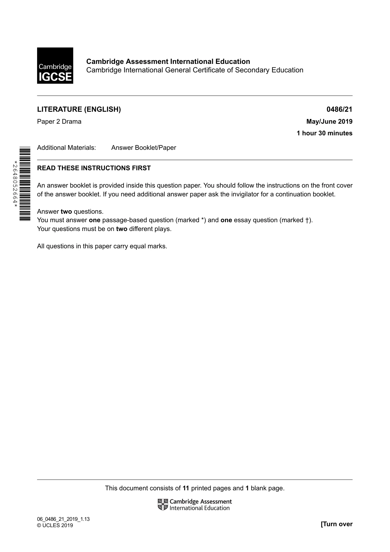 Cambridge IGCSE English - Literature 0486 2019 May/June Paper 2 · Variant 1 question paper, page 1 of 12