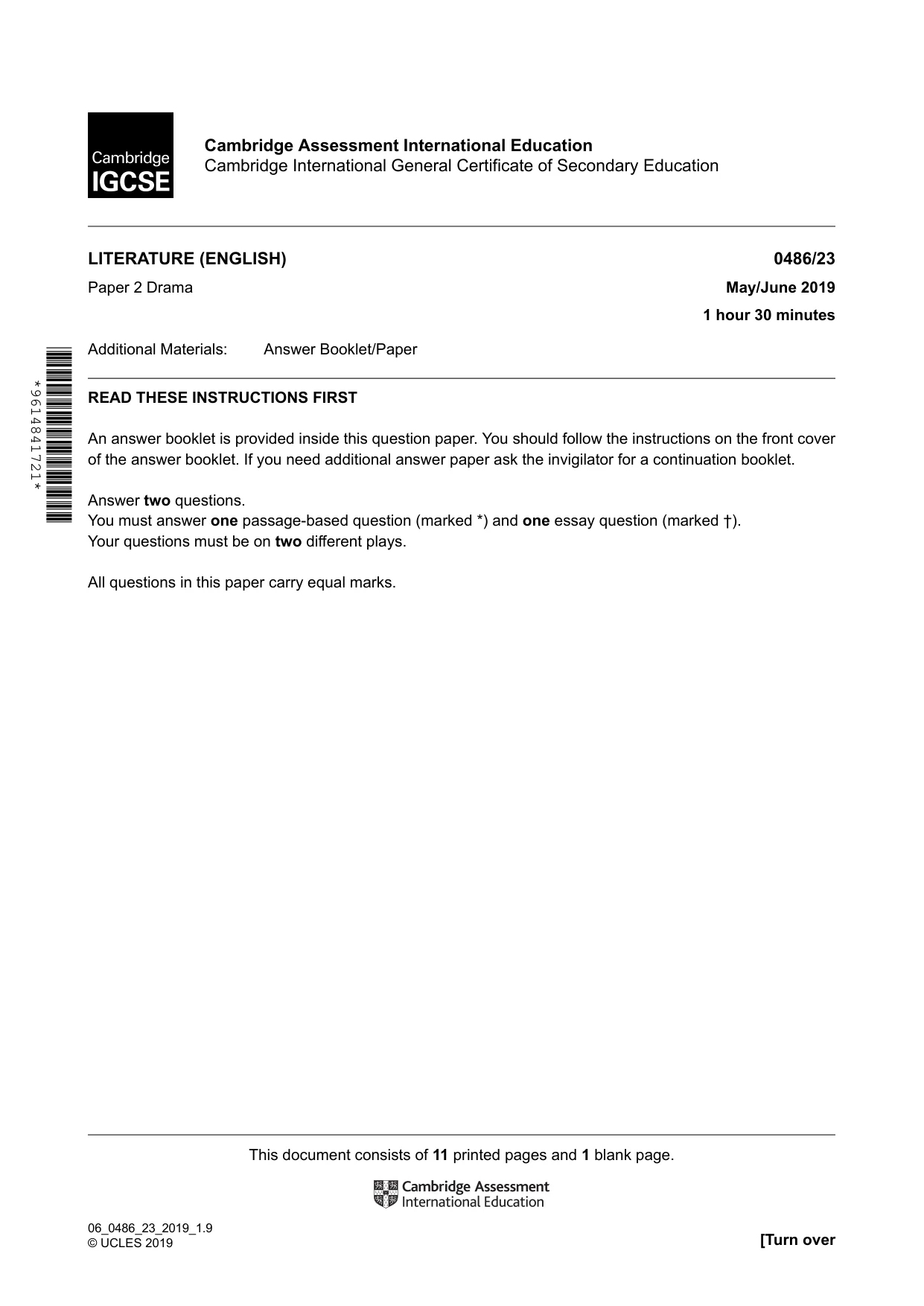 Cambridge IGCSE English - Literature 0486 2019 May/June Paper 2 · Variant 3 question paper, page 1 of 12