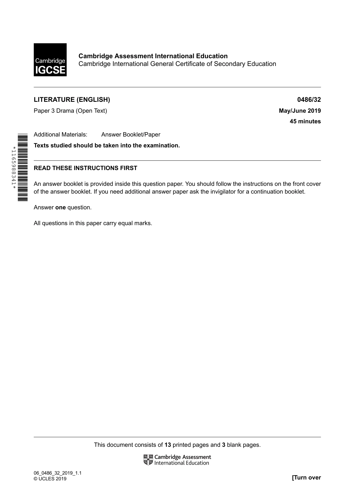 Cambridge IGCSE English - Literature 0486 2019 May/June Paper 3 · Variant 2 question paper, page 1 of 16
