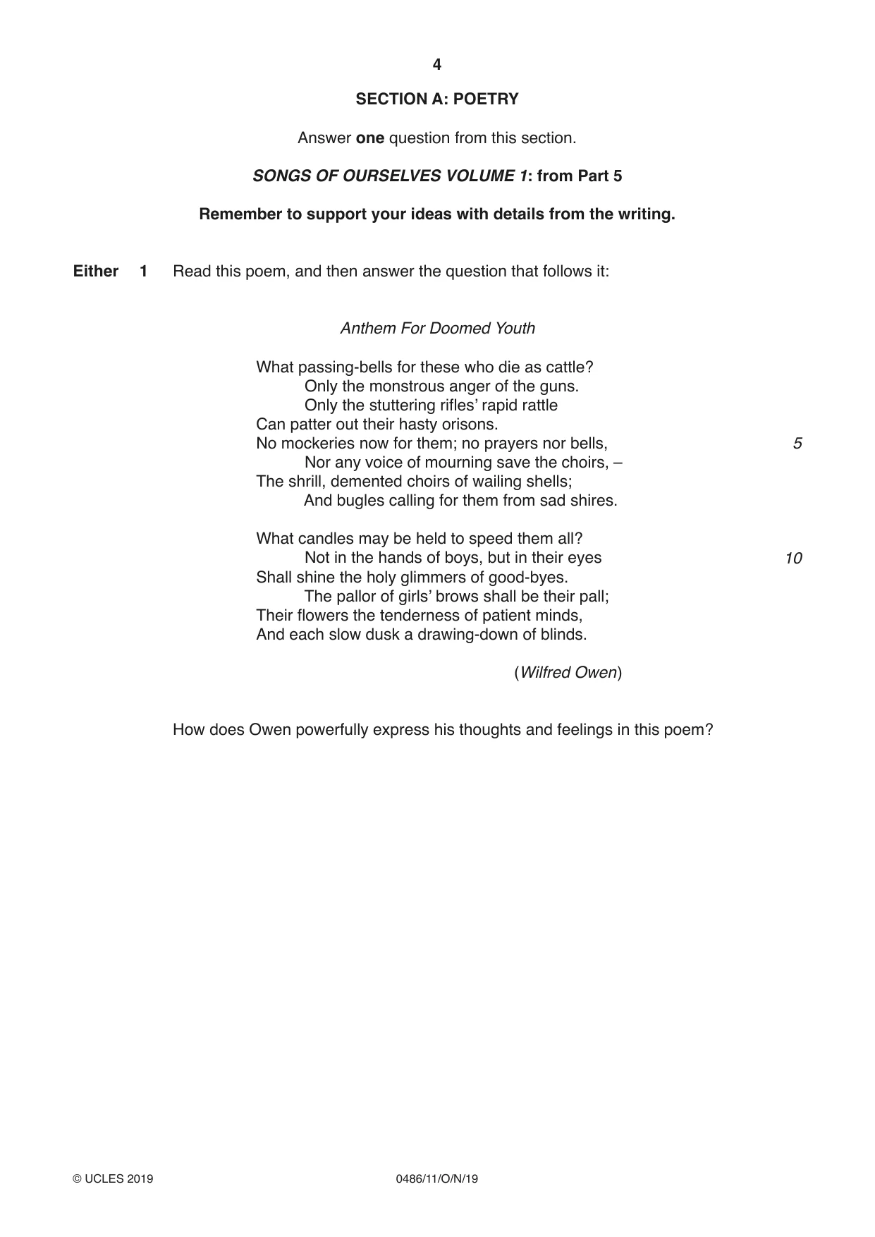 Cambridge IGCSE English - Literature 0486 2019 Oct/Nov Paper 1 · Variant 1 question paper, page 4 of 28