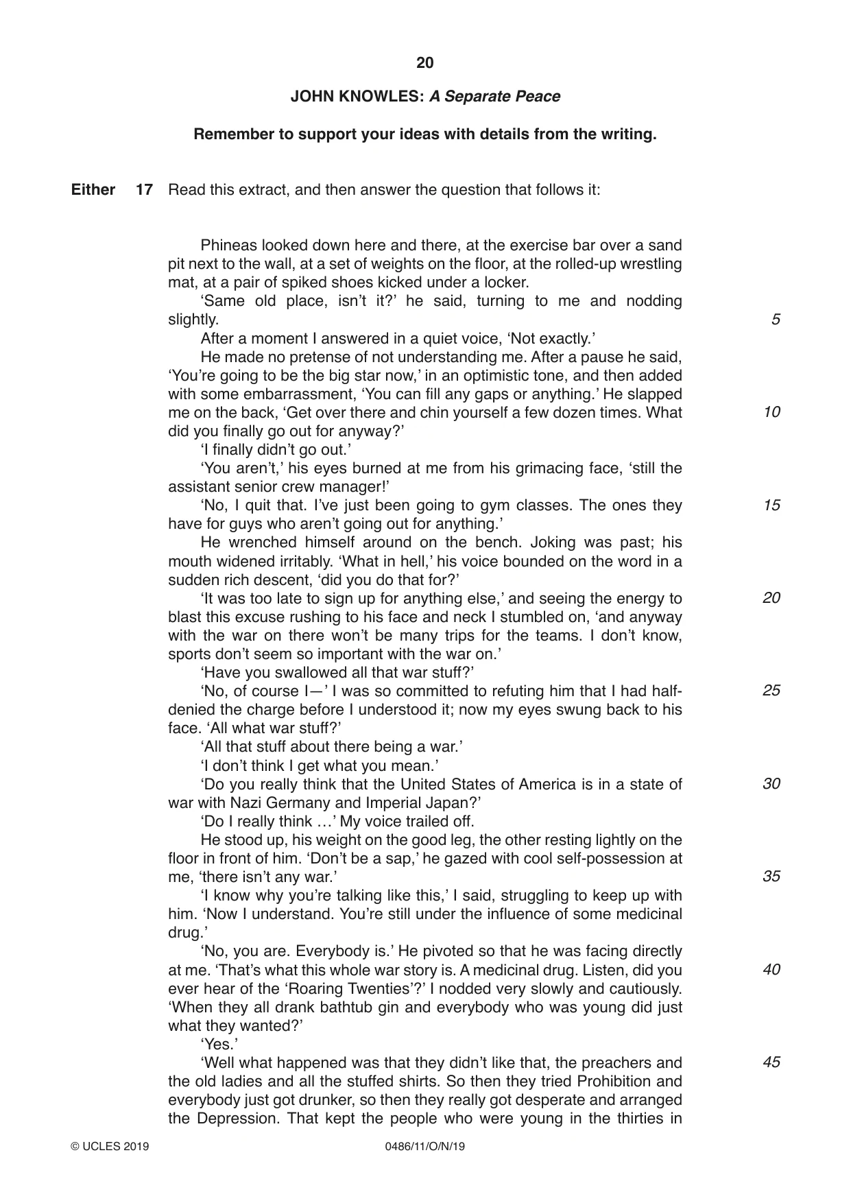 Cambridge IGCSE English - Literature 0486 2019 Oct/Nov Paper 1 · Variant 1 question paper, page 20 of 28