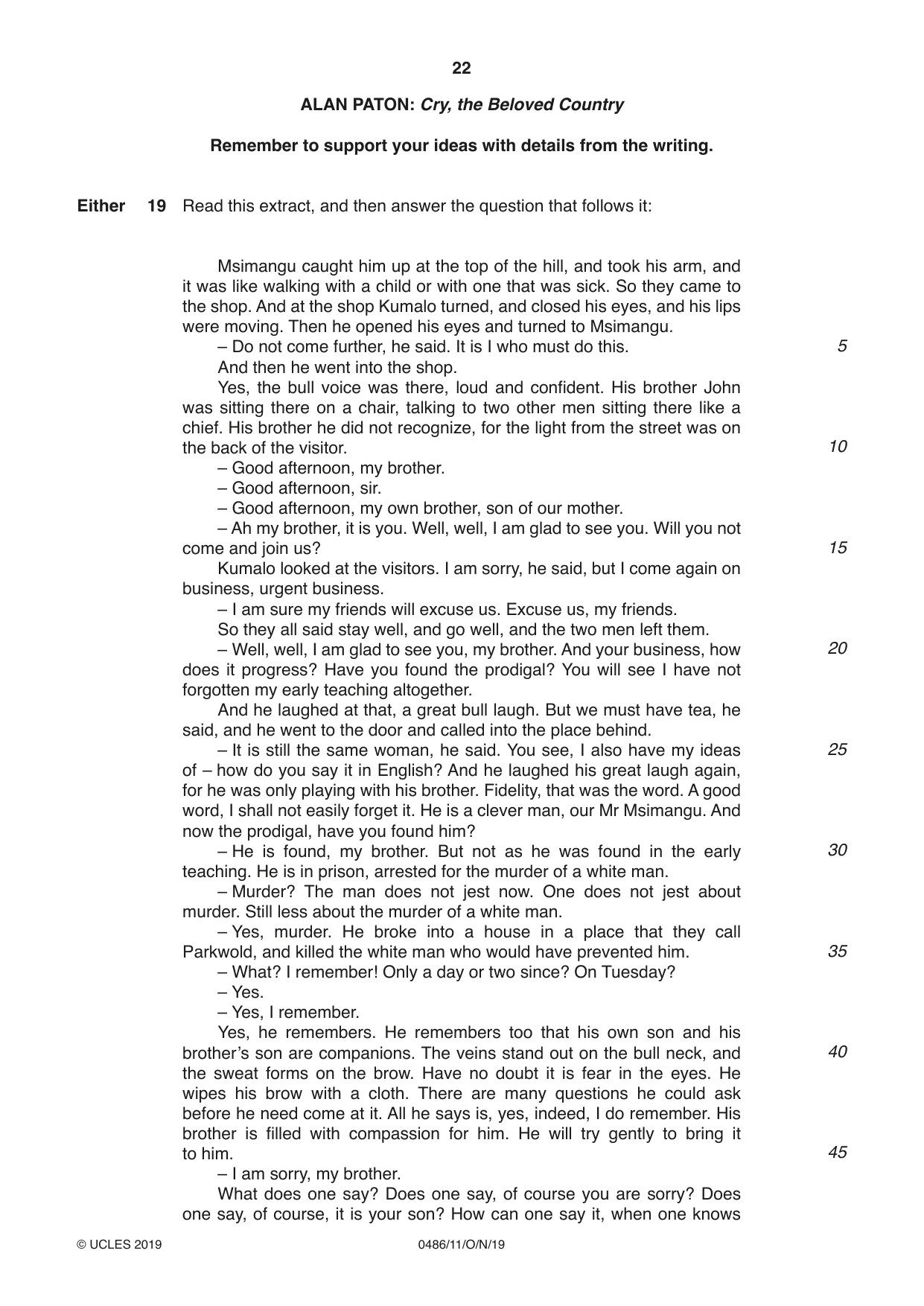 Cambridge IGCSE English - Literature 0486 2019 Oct/Nov Paper 1 · Variant 1 question paper, page 22 of 28