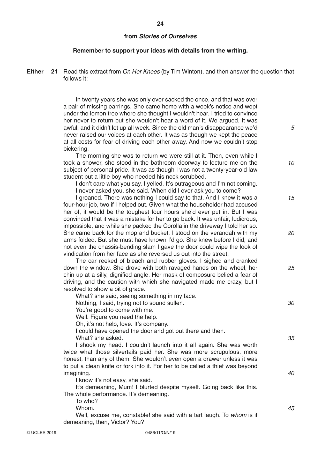Cambridge IGCSE English - Literature 0486 2019 Oct/Nov Paper 1 · Variant 1 question paper, page 24 of 28