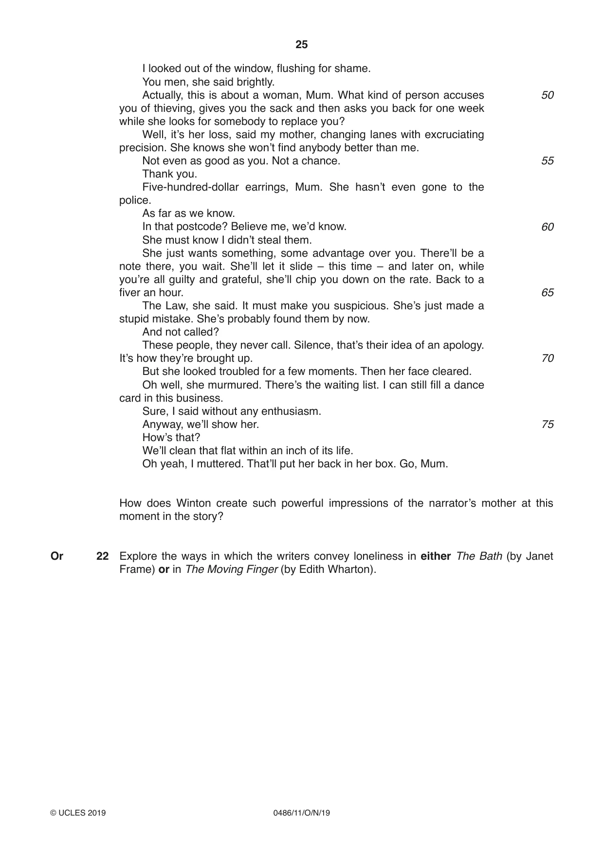 Cambridge IGCSE English - Literature 0486 2019 Oct/Nov Paper 1 · Variant 1 question paper, page 25 of 28