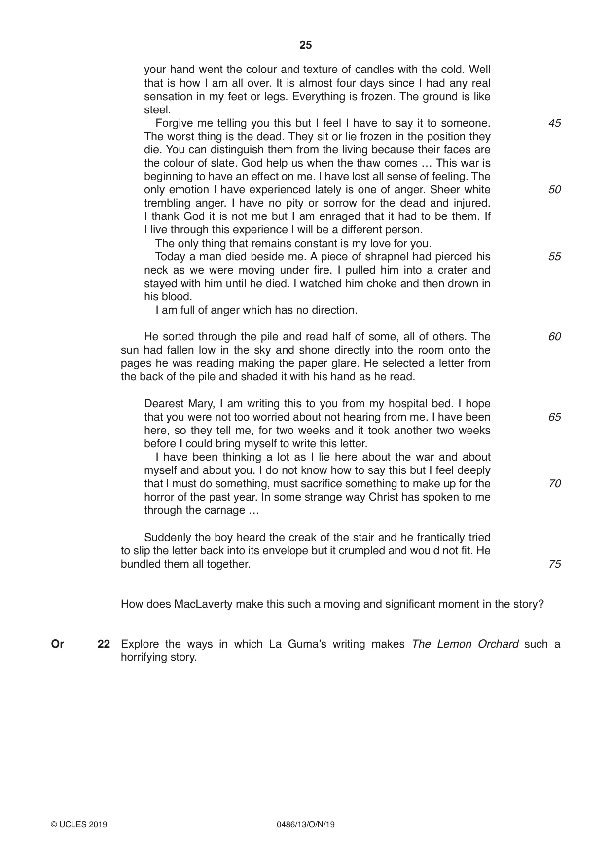 Cambridge IGCSE English - Literature 0486 2019 Oct/Nov Paper 1 · Variant 3 question paper, page 25 of 28