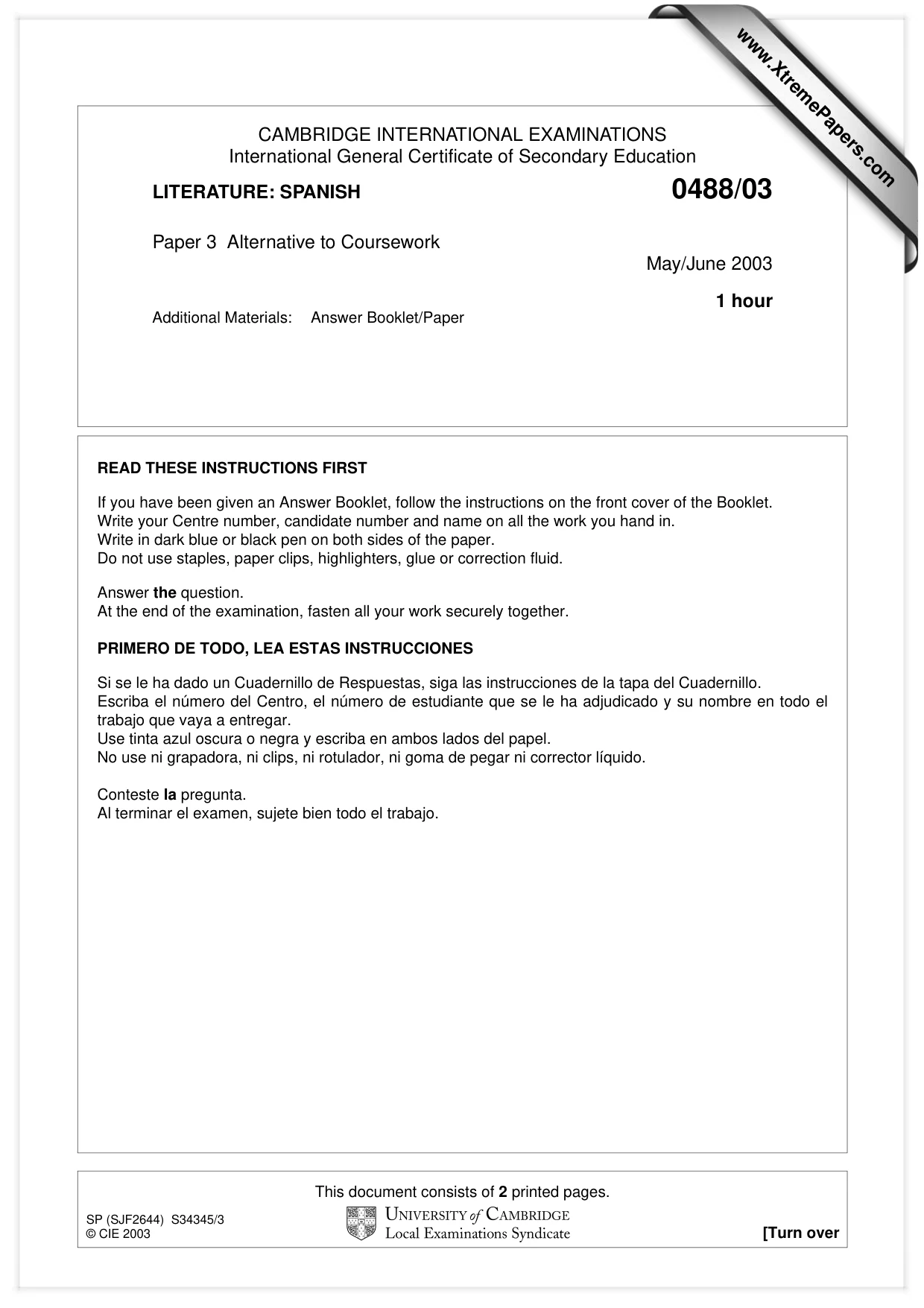 Cambridge IGCSE Spanish - Literature 0488 2003 May/June Paper 3 · Variant 1 question paper, page 1 of 2