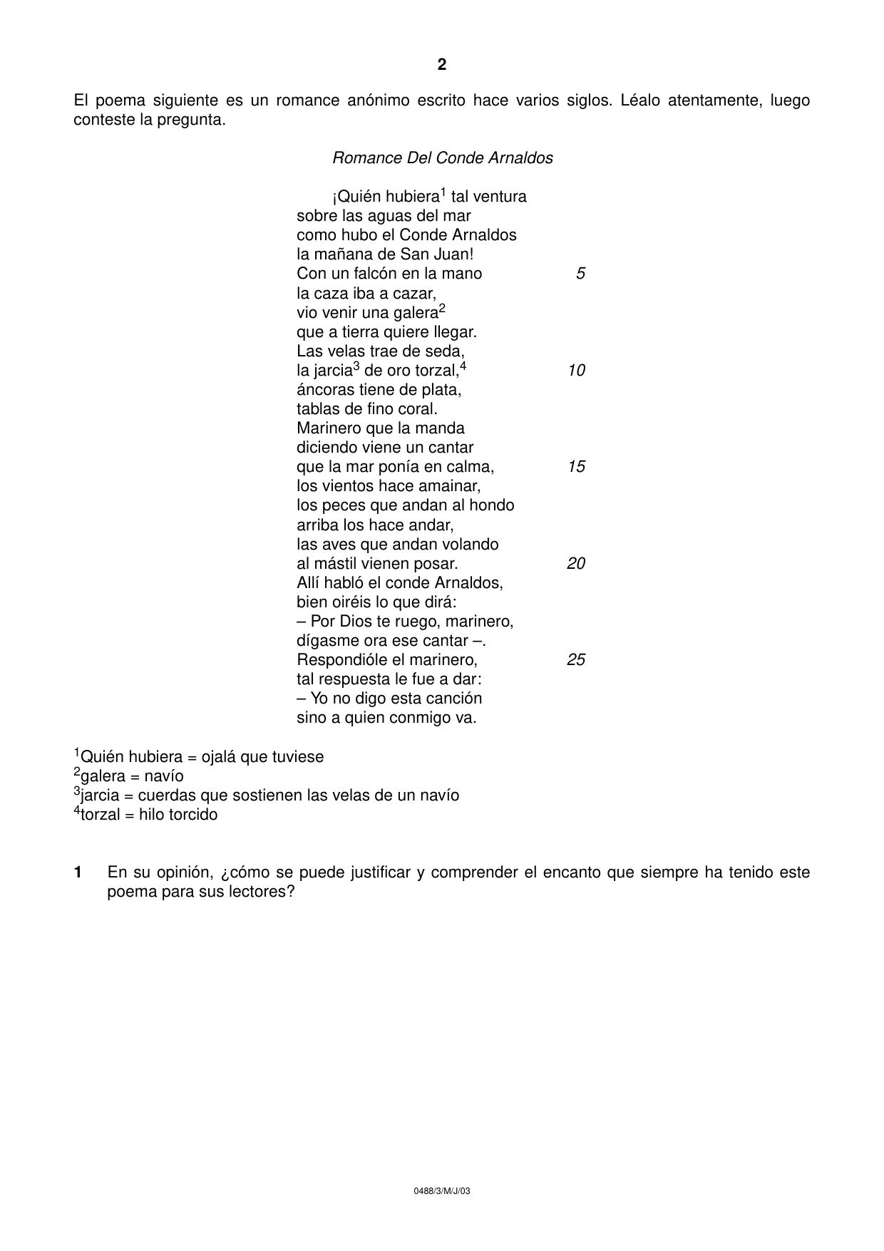 Cambridge IGCSE Spanish - Literature 0488 2003 May/June Paper 3 · Variant 1 question paper, page 2 of 2