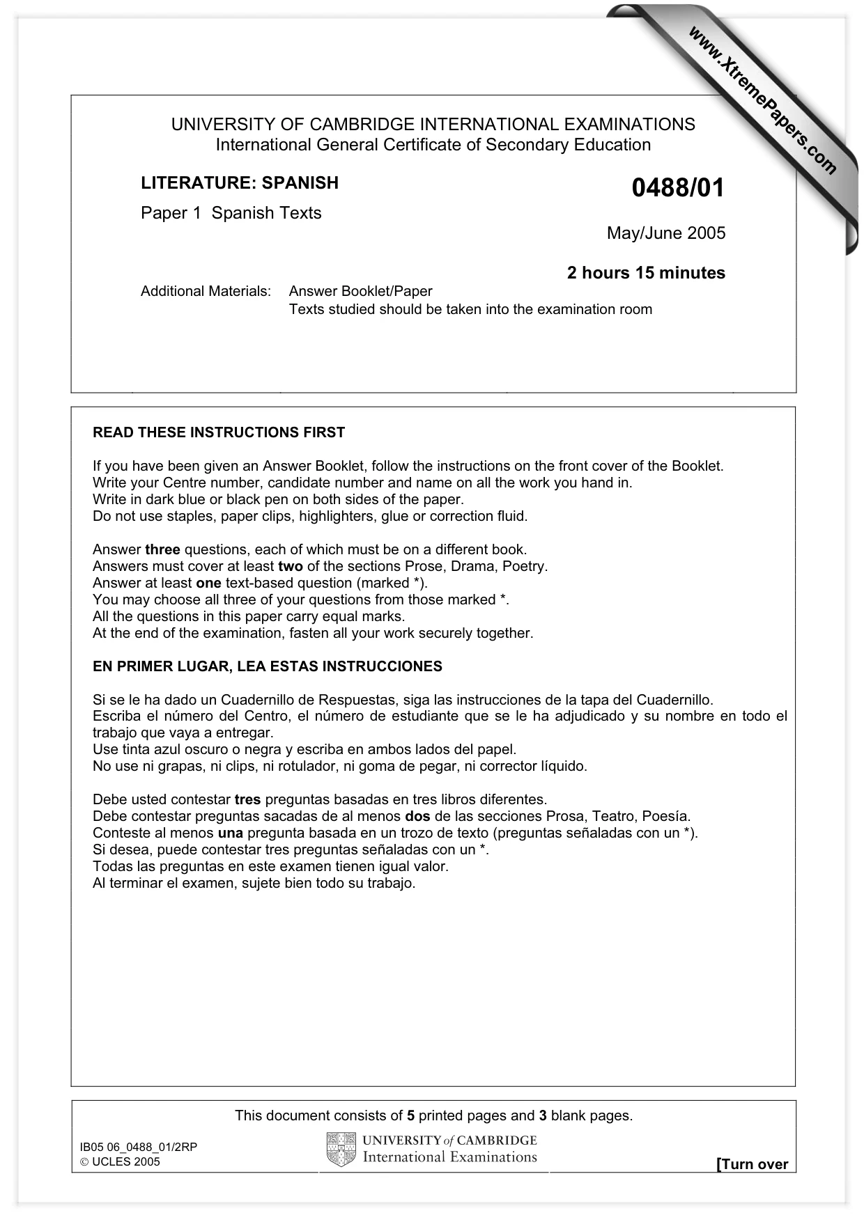 Cambridge IGCSE Spanish - Literature 0488 2005 May/June Paper 1 · Variant 1 question paper, page 1 of 8