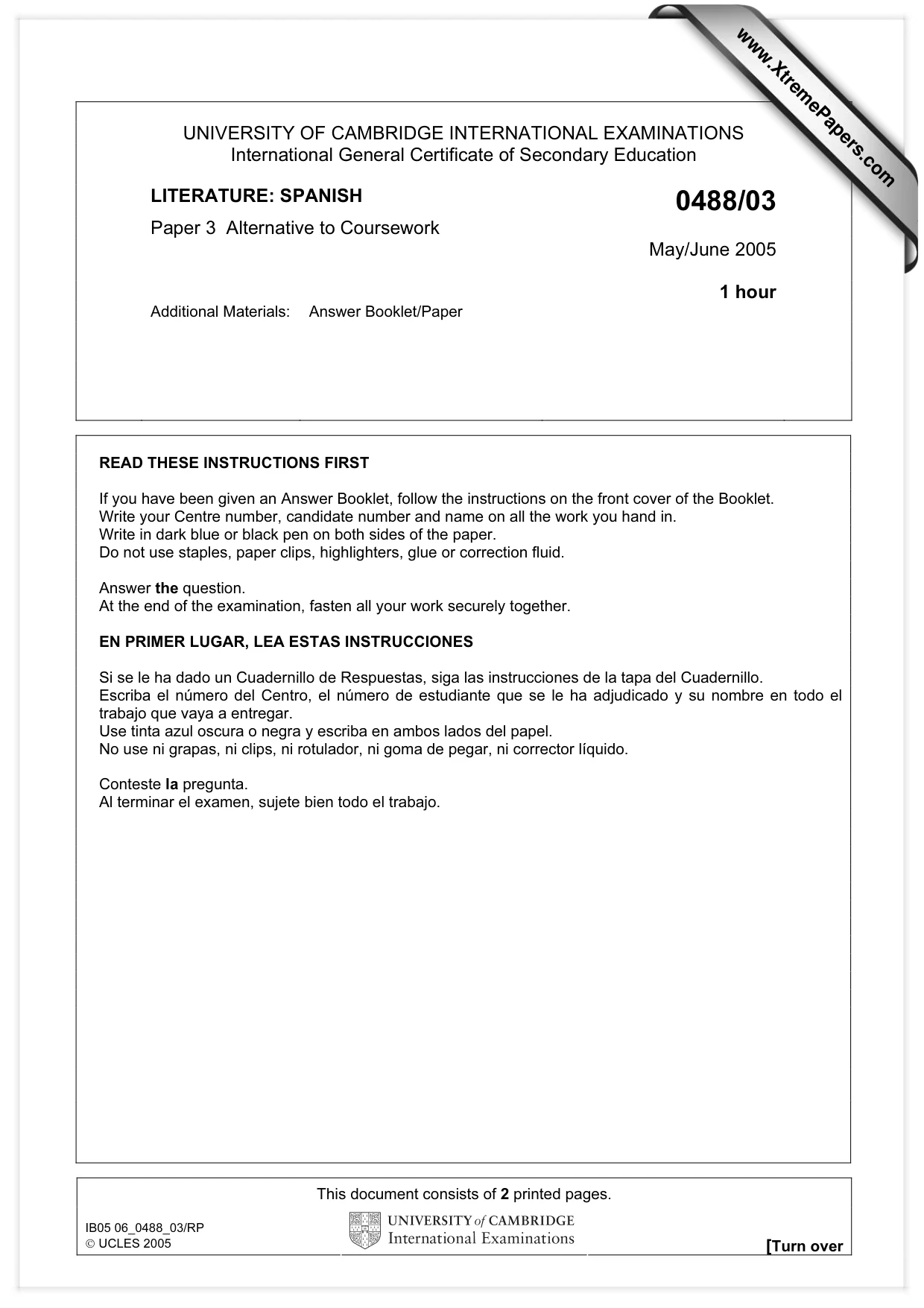 Cambridge IGCSE Spanish - Literature 0488 2005 May/June Paper 3 · Variant 1 question paper, page 1 of 2