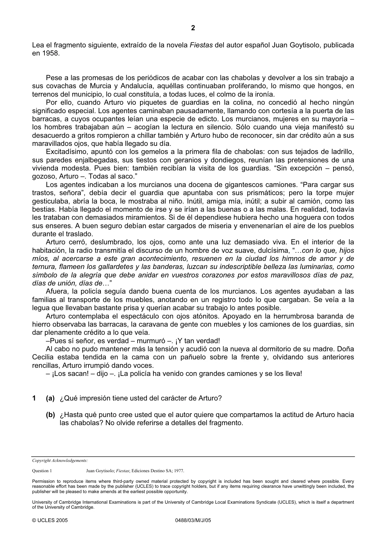 Cambridge IGCSE Spanish - Literature 0488 2005 May/June Paper 3 · Variant 1 question paper, page 2 of 2