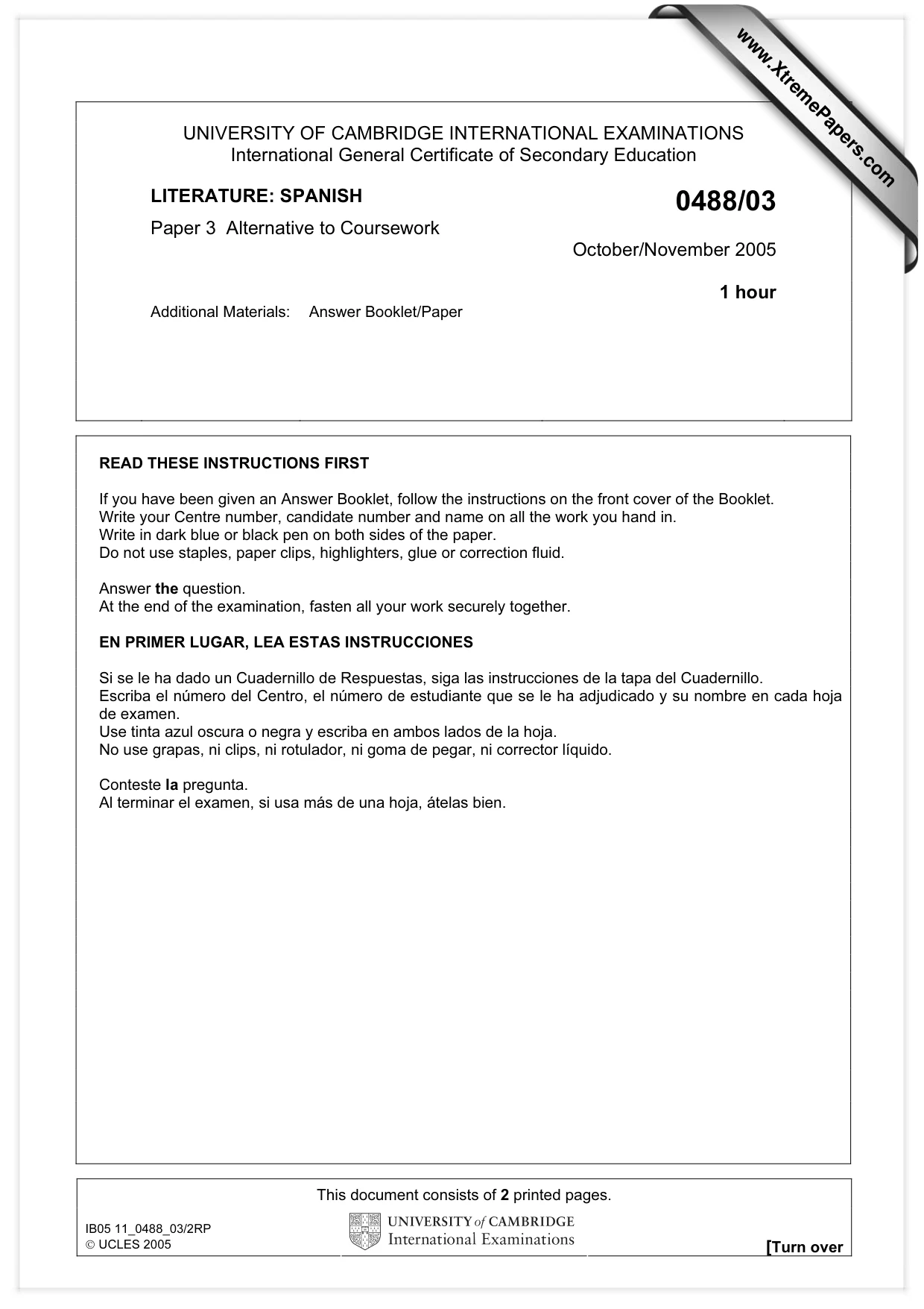 Cambridge IGCSE Spanish - Literature 0488 2005 Oct/Nov Paper 3 · Variant 1 question paper, page 1 of 2